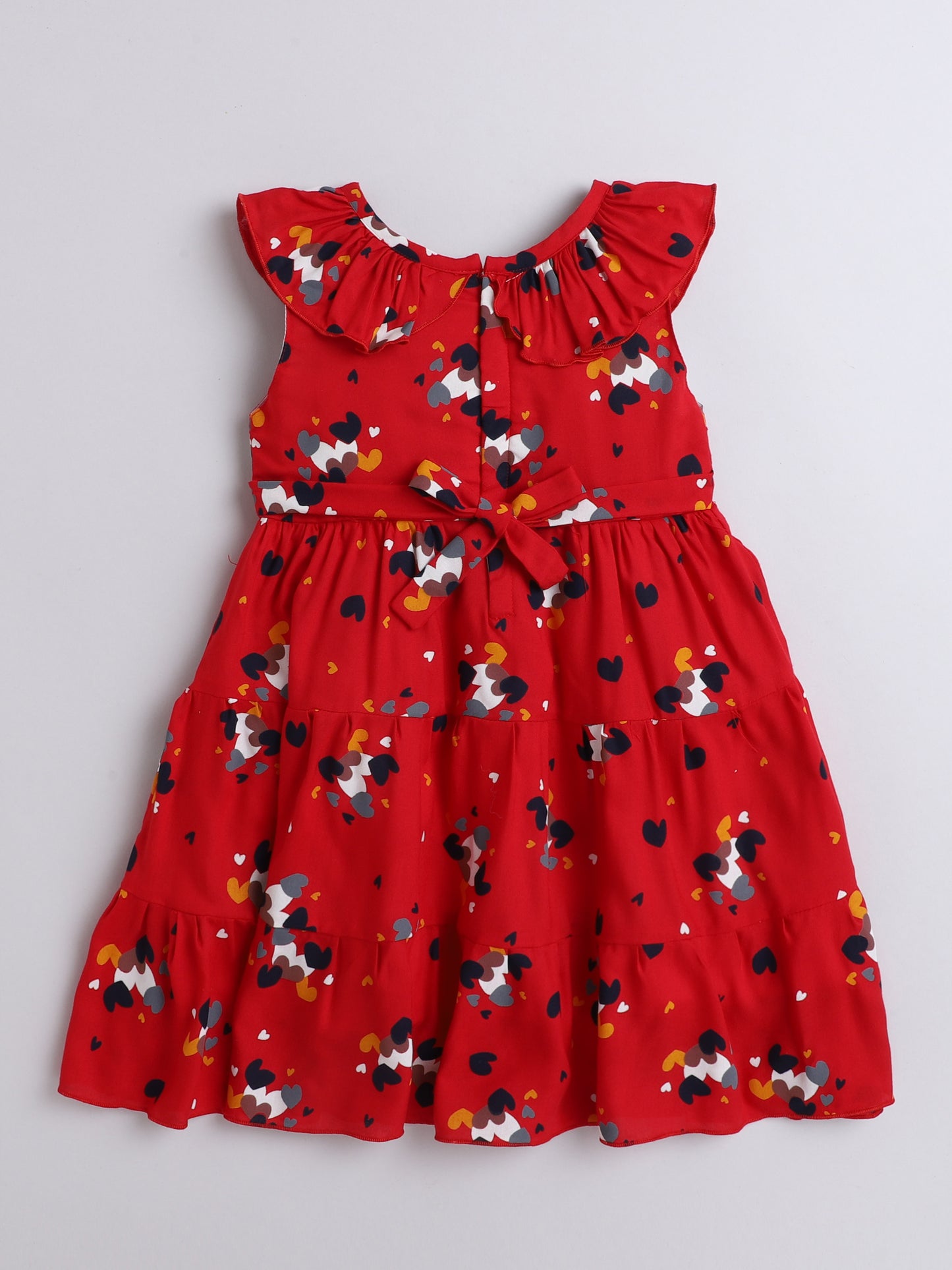 Printed Sleeveless Ruffles at Neck Dress For Girls-Red