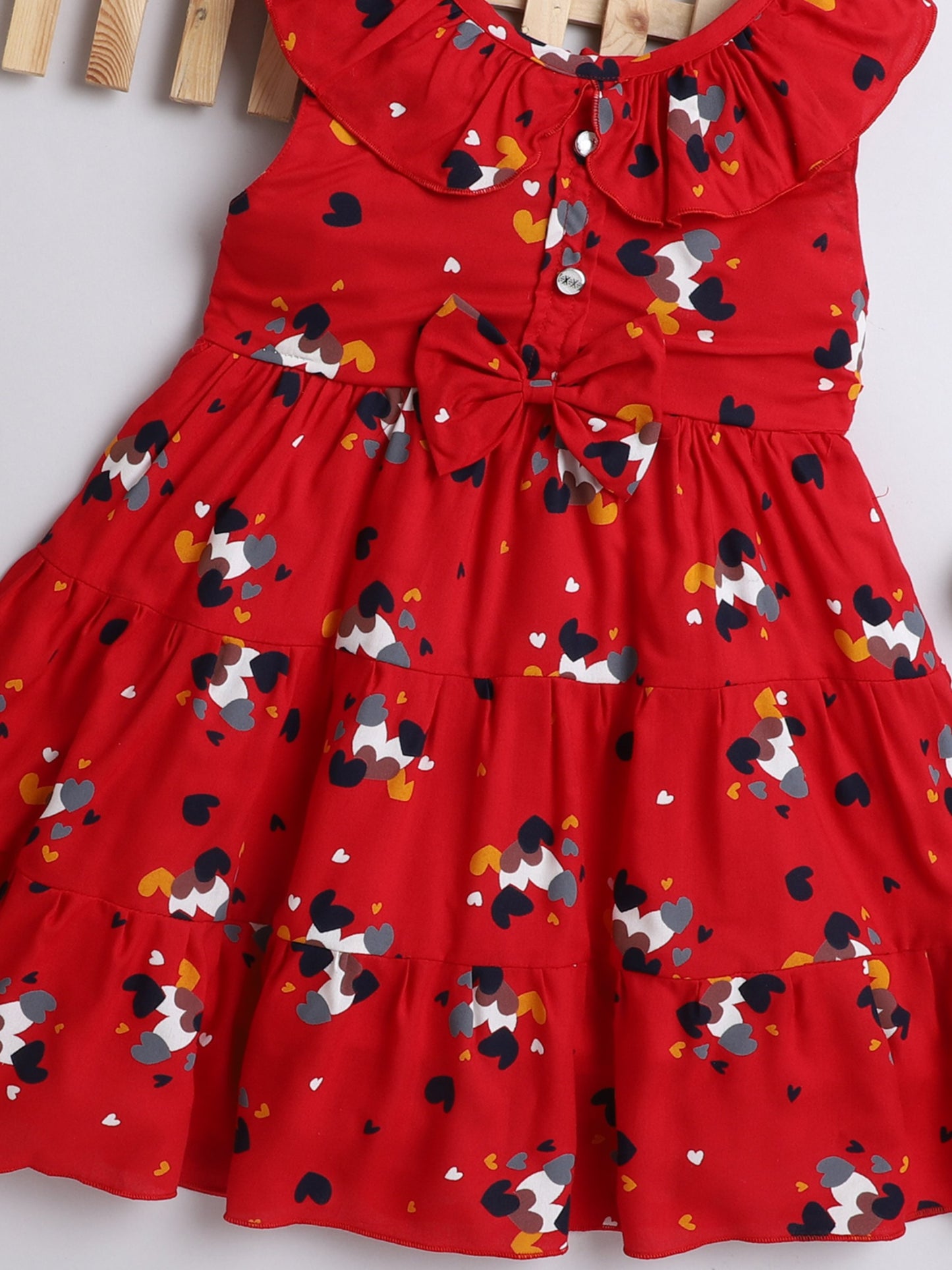 Printed Sleeveless Ruffles at Neck Dress For Girls-Red