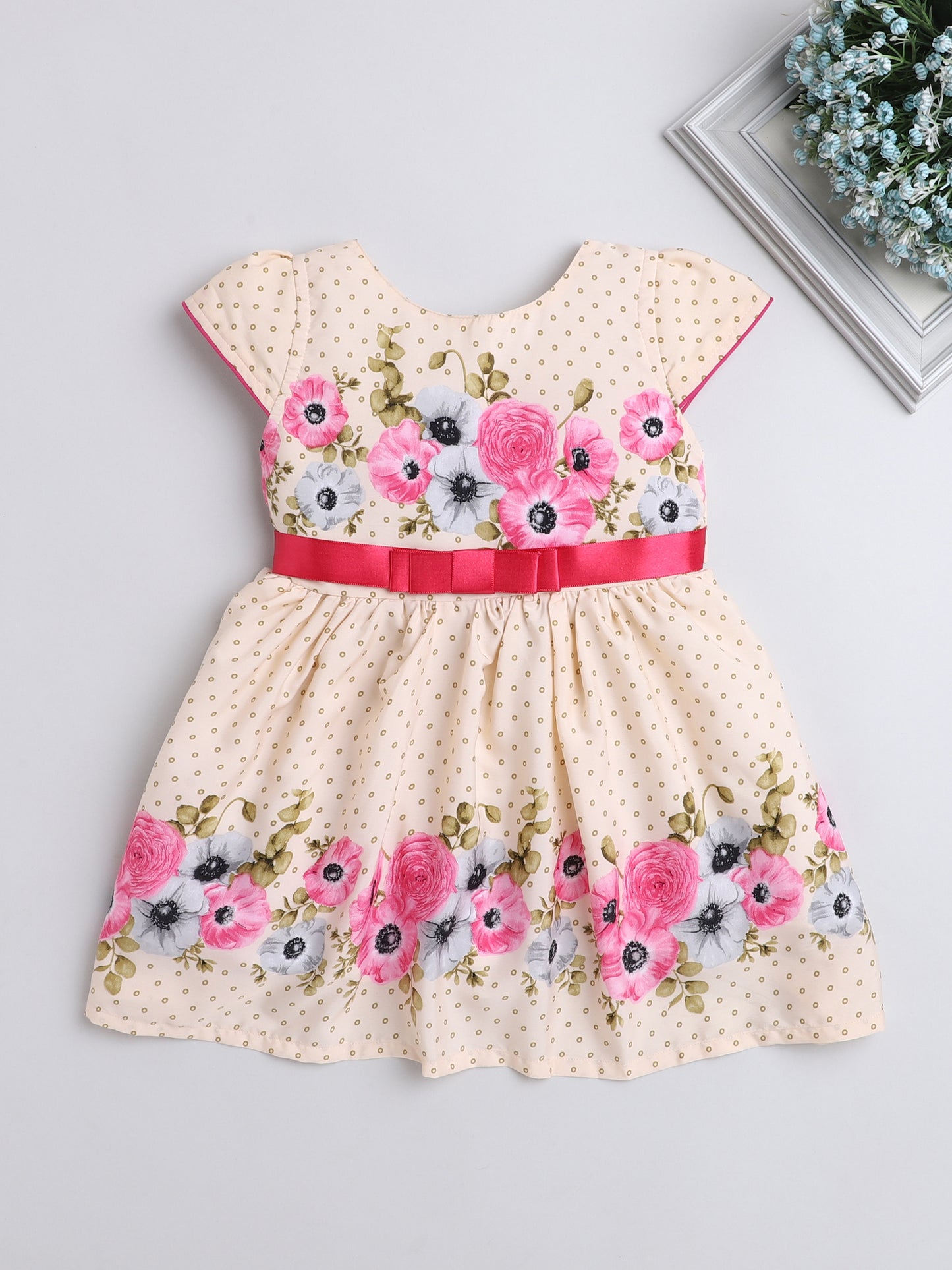 Floral Digital Printed Dress With Belt For Girls-Fuschia