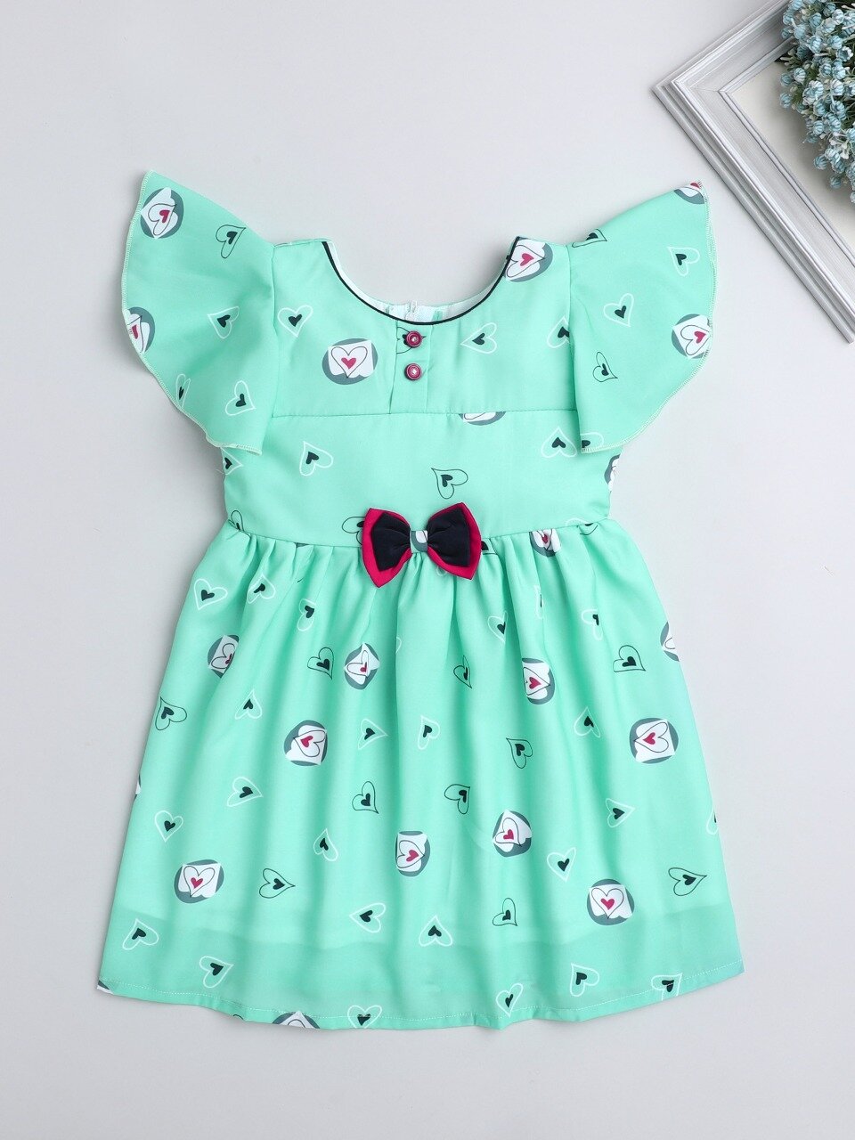 Heart Printed Flutter Sleeve Dress With Bow For Girls-Green