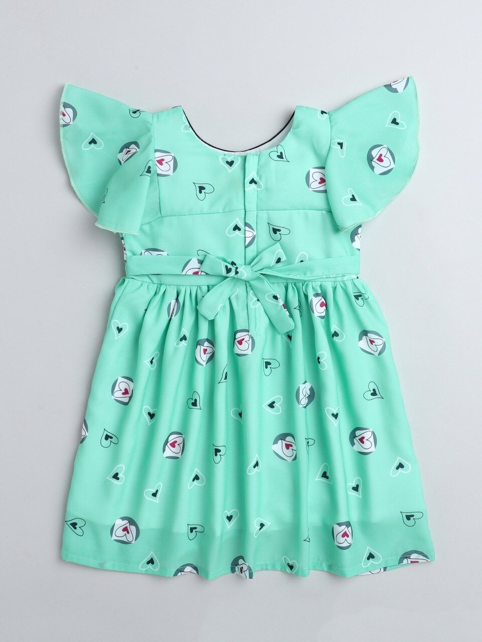 Heart Printed Flutter Sleeve Dress With Bow For Girls-Green