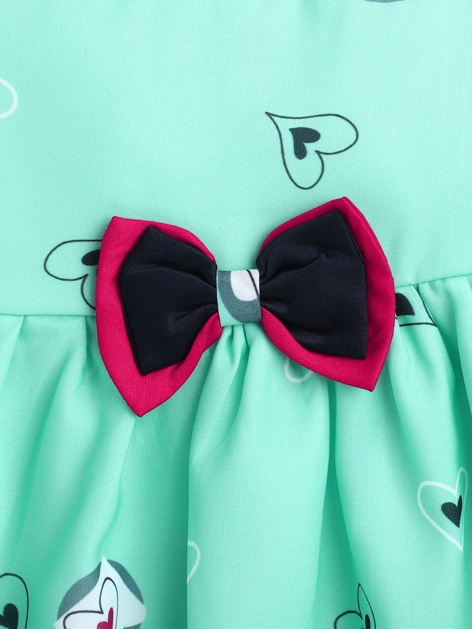 Heart Printed Flutter Sleeve Dress With Bow For Girls-Green