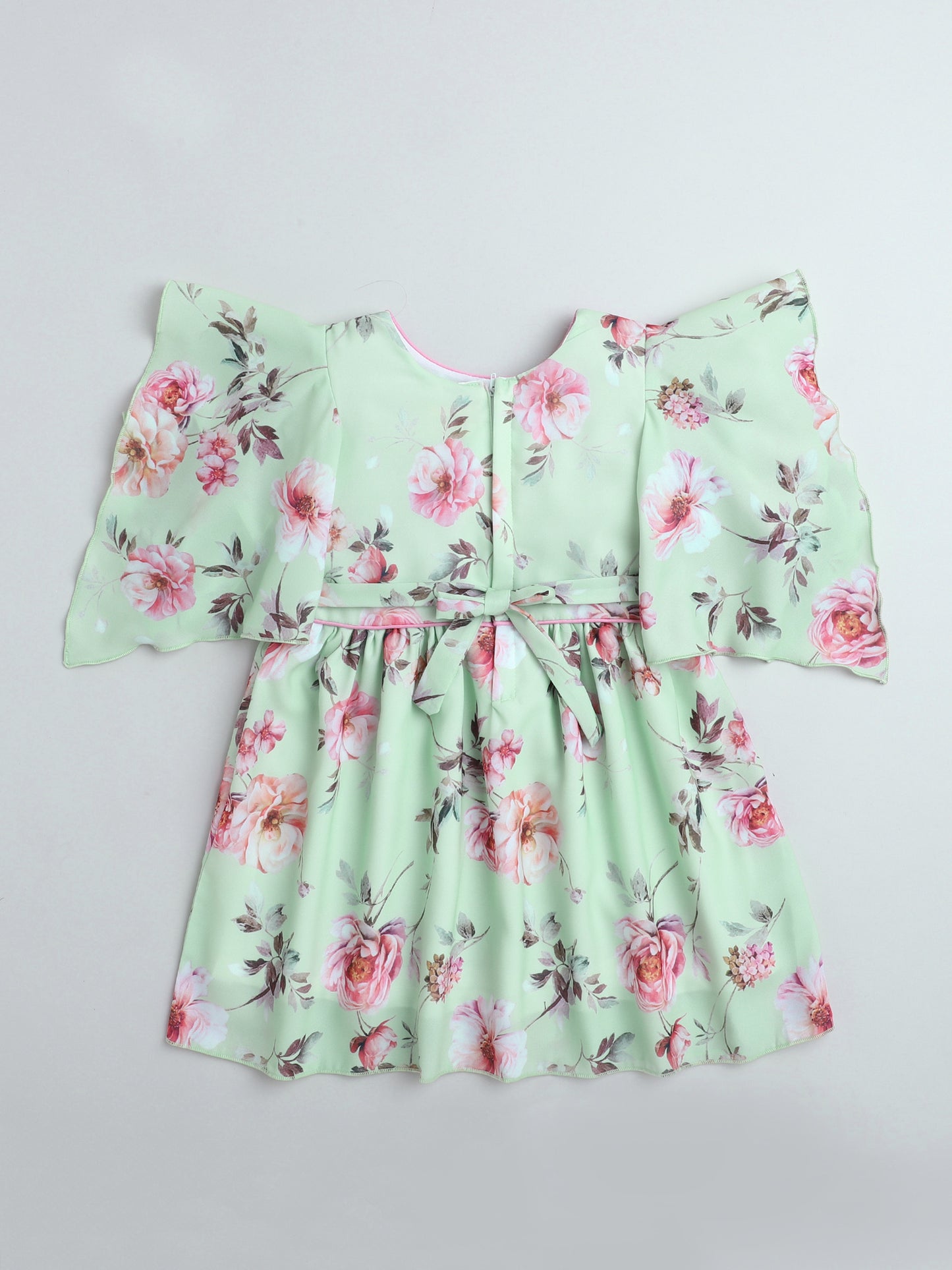 Floral Printed Stylish Sleeves Dress With Bow For Girls-Green