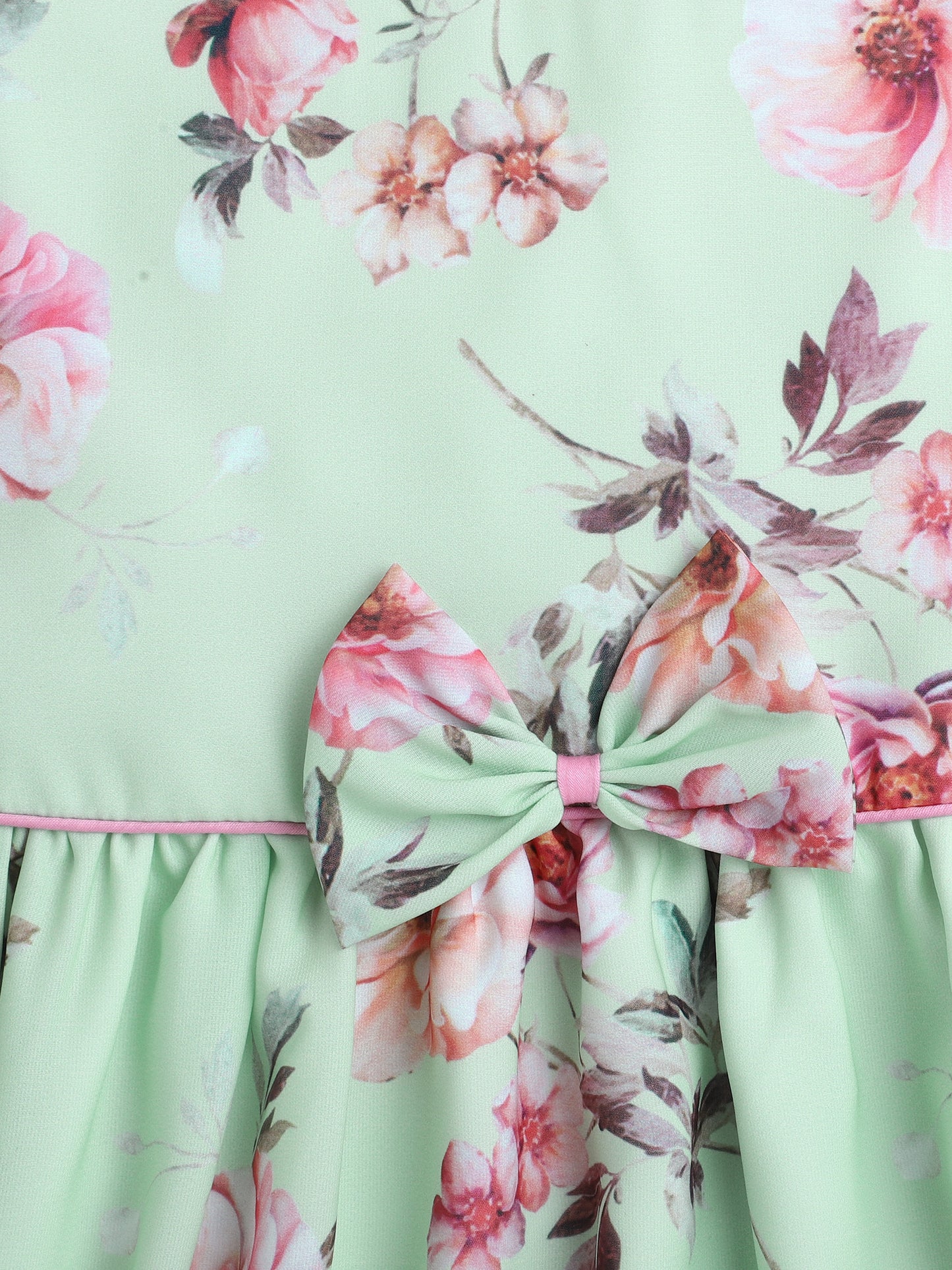 Floral Printed Stylish Sleeves Dress With Bow For Girls-Green