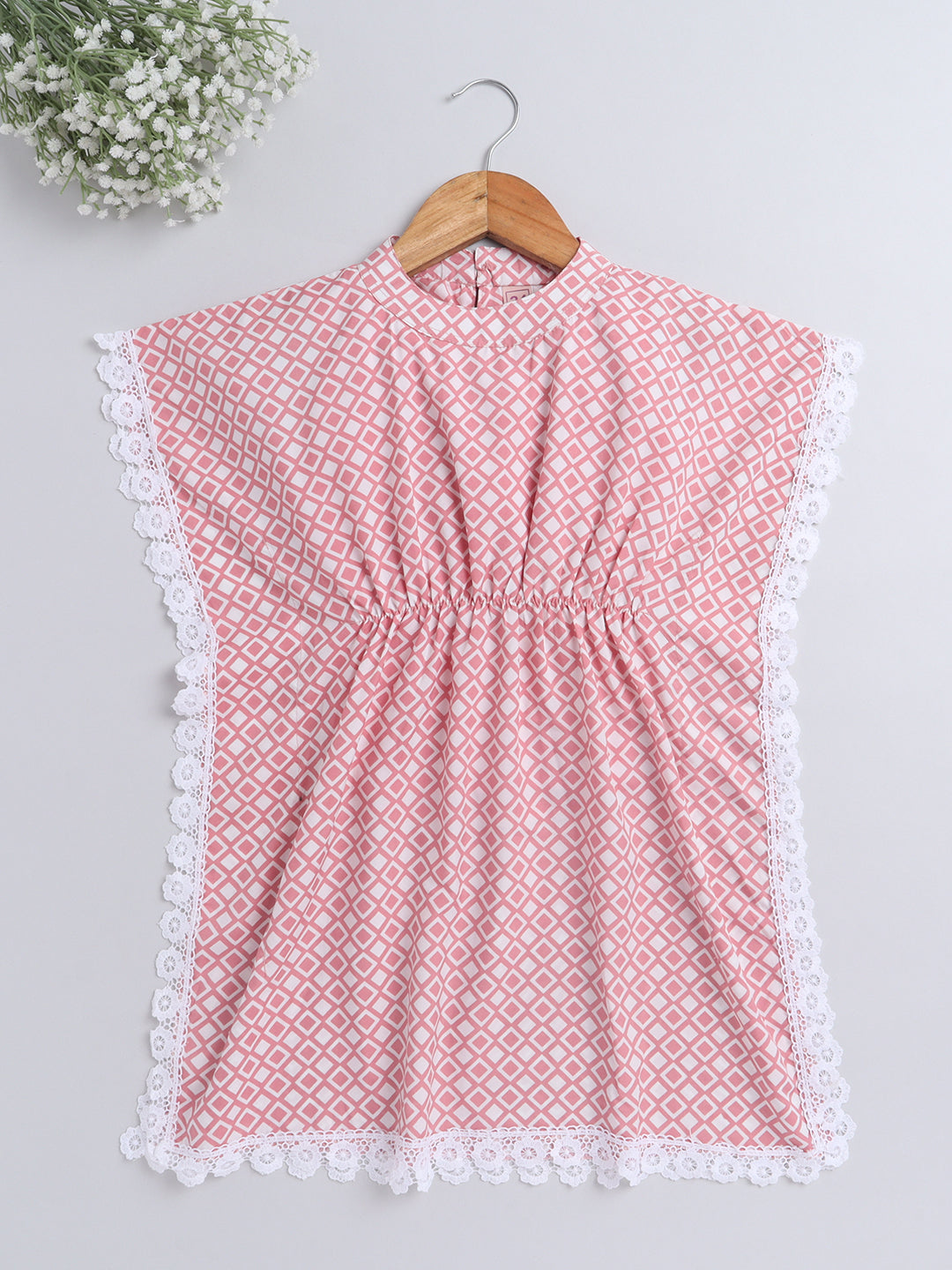 Geomertic Printed Lace Embelished Half Sleeves Kaftan Dress For Girls-Peach