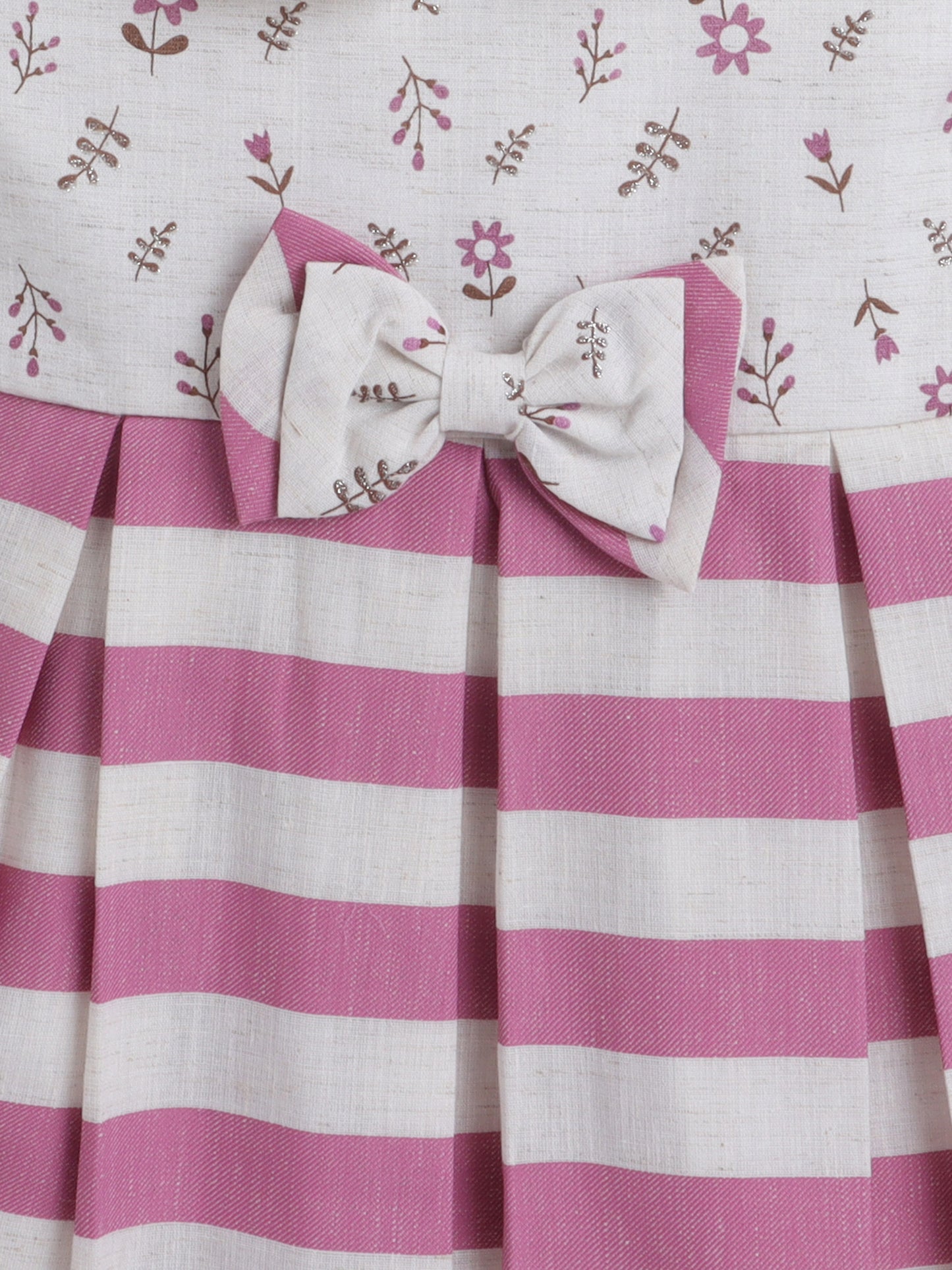 Cap Sleeves Floral and Stripes Printed With Bow Dress For Girls-Pink