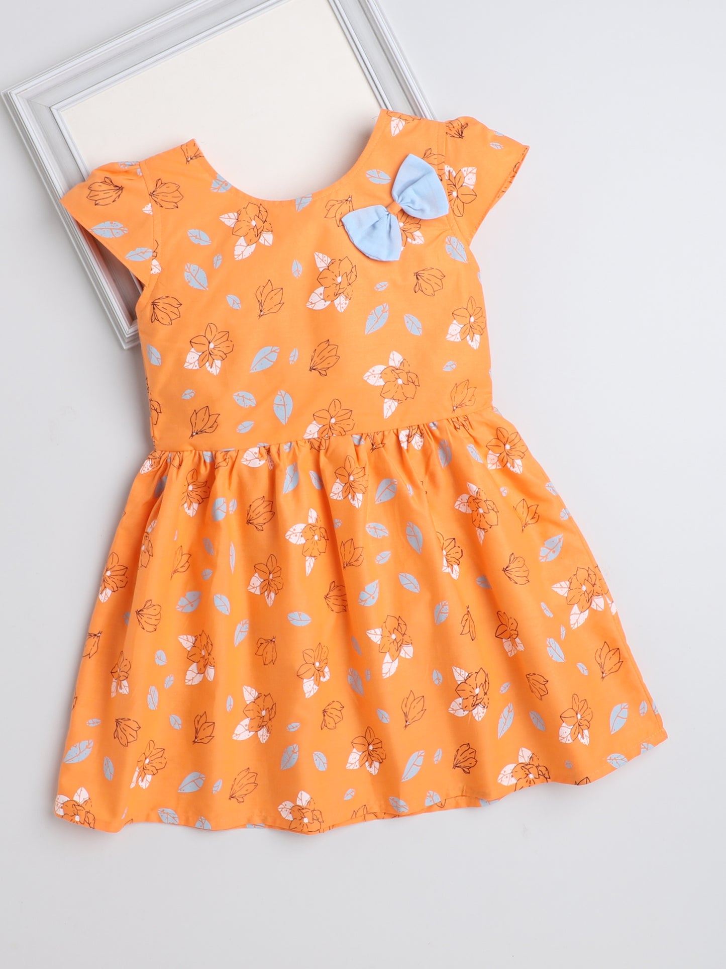 Cap Sleeves Floral Printed & Contrast Bow Appliqued Dress - Orange