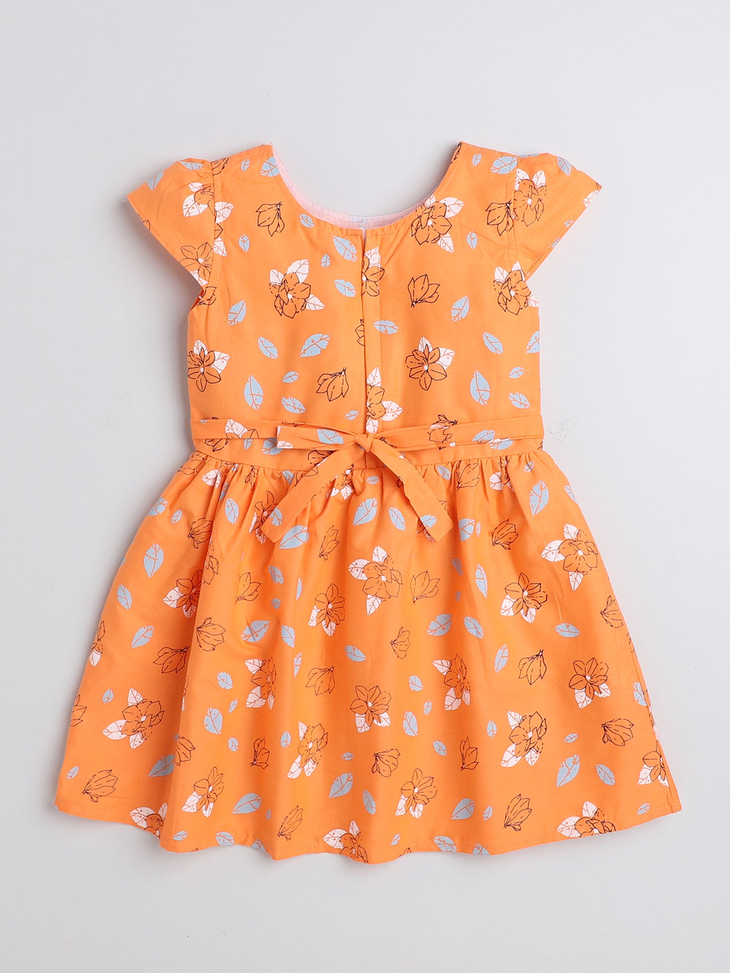 Cap Sleeves Floral Printed & Contrast Bow Appliqued Dress - Orange