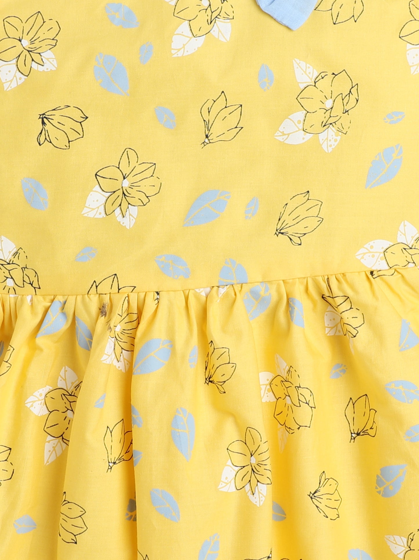 Cap Sleeves Floral Printed & Contrast Bow Appliqued Dress - Yellow