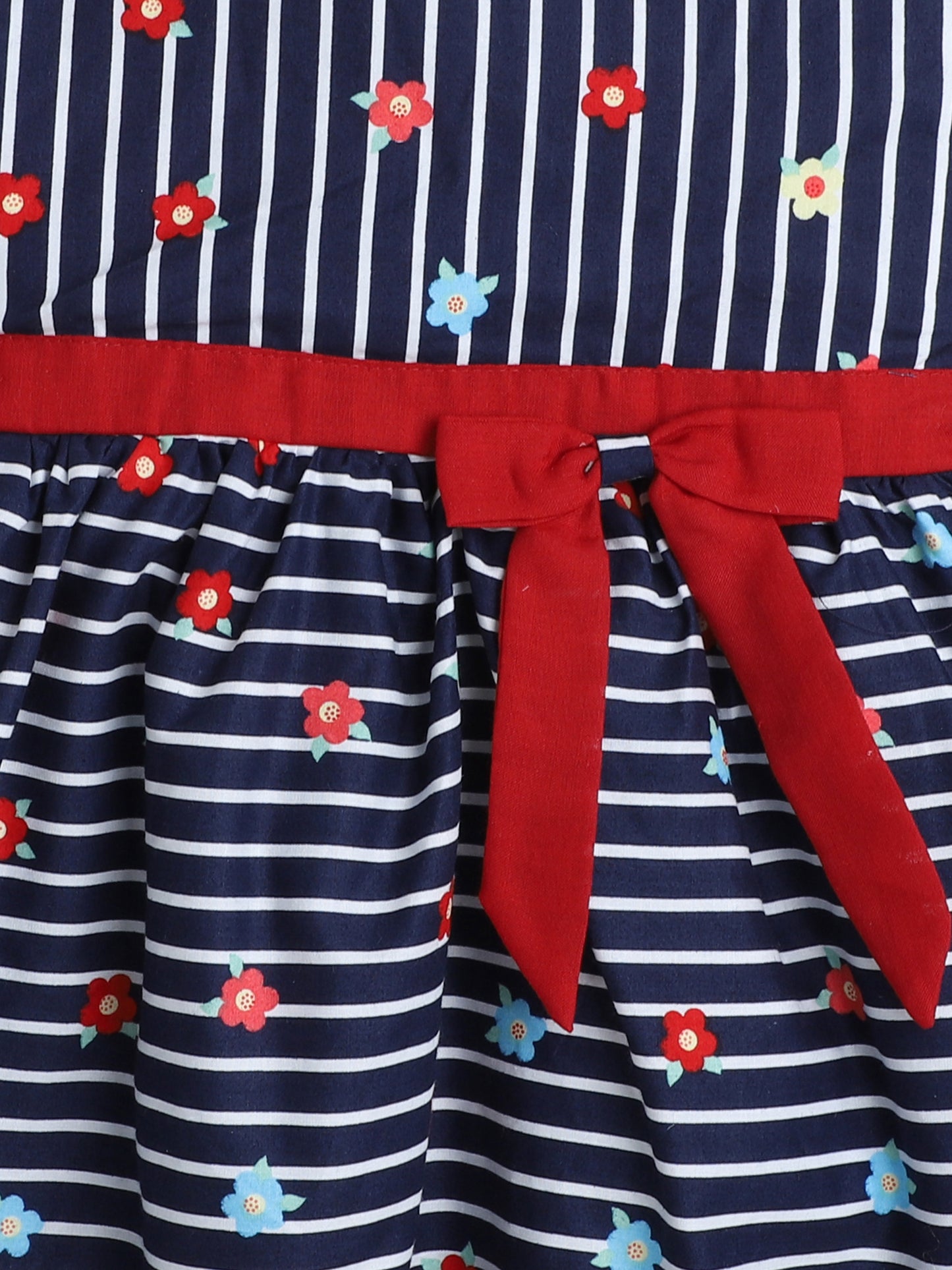 Sleeveless Stripes and Floral Printed Dress For Girls With Contrast Bow-Navy Blue, Red