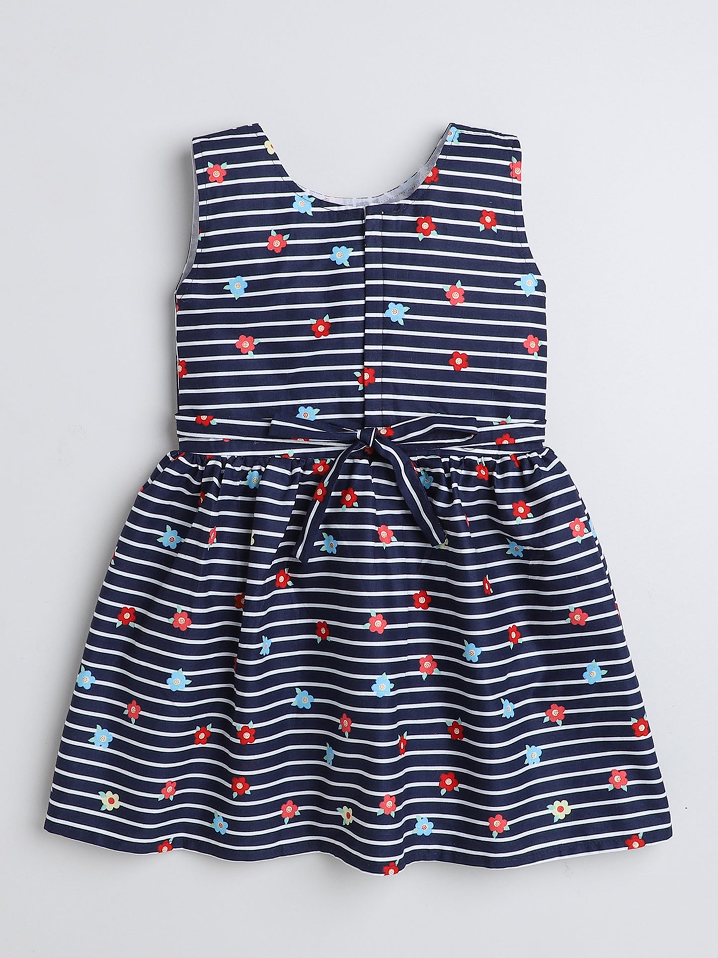 Sleeveless Stripes and Floral Printed Dress For Girls With Contrast Bow-Navy Blue, Red