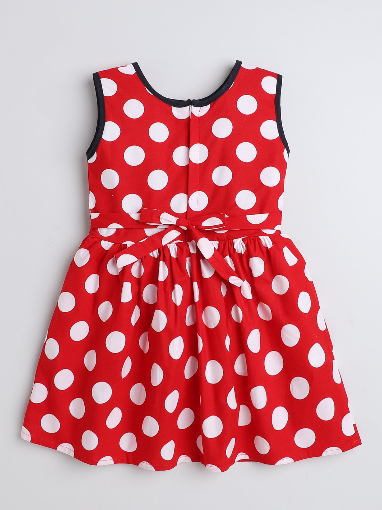Sleeveless Polka Dots Printed Dress For Girls With Contrast Bow-Red