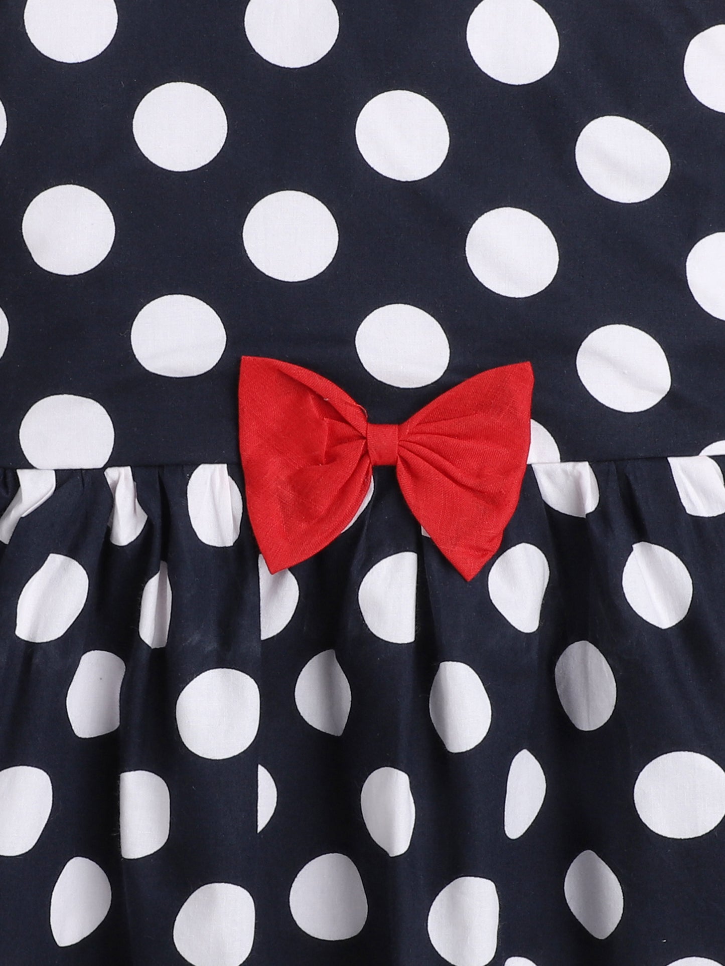 Sleeveless Polka Dots Printed Dress For Girls With Contrast Bow-Navy Blue