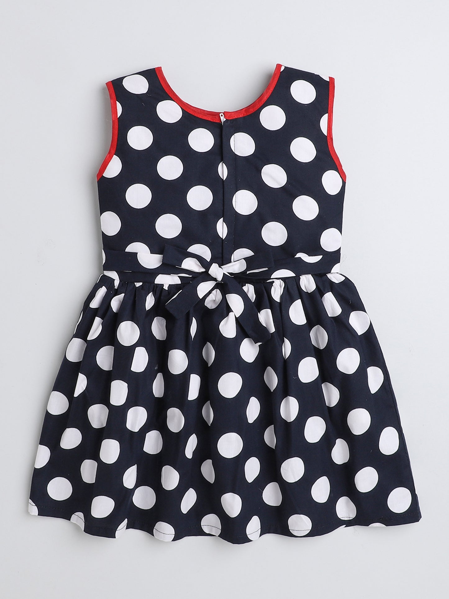 Sleeveless Polka Dots Printed Dress For Girls With Contrast Bow-Navy Blue