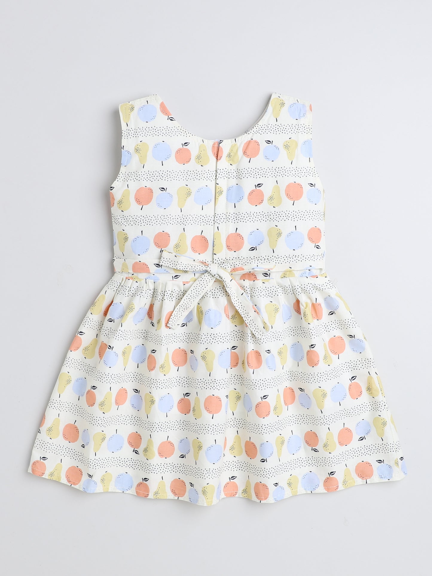Sleeveless Fruits Printed Dress For Girls With Contrast Bow-Peach