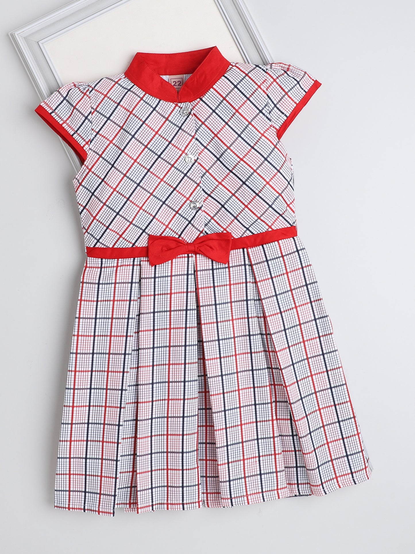 Cap Sleeves Checks Printed Dress For Girls With Contrast Bow-Pink
