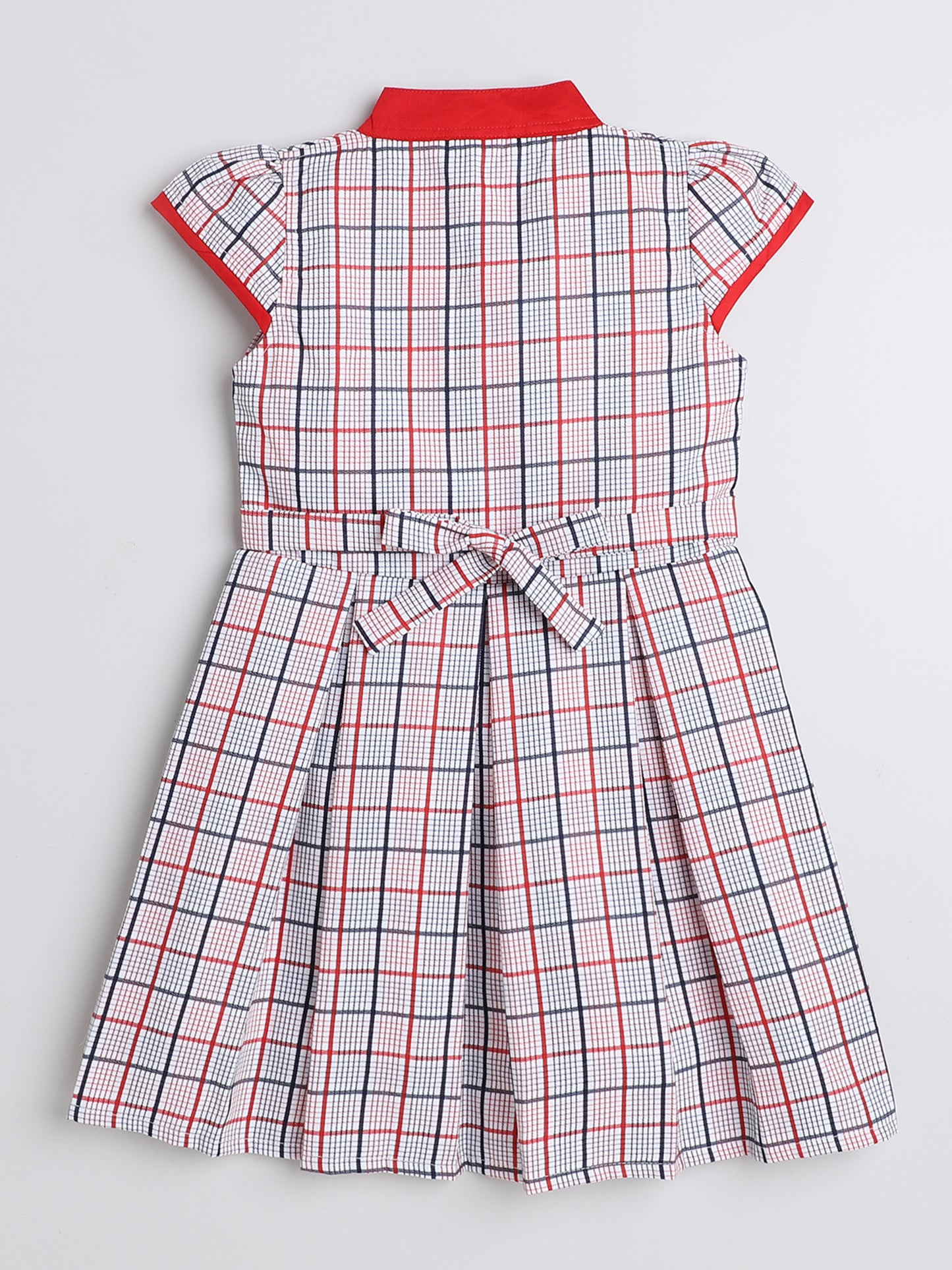 Cap Sleeves Checks Printed Dress For Girls With Contrast Bow-Pink
