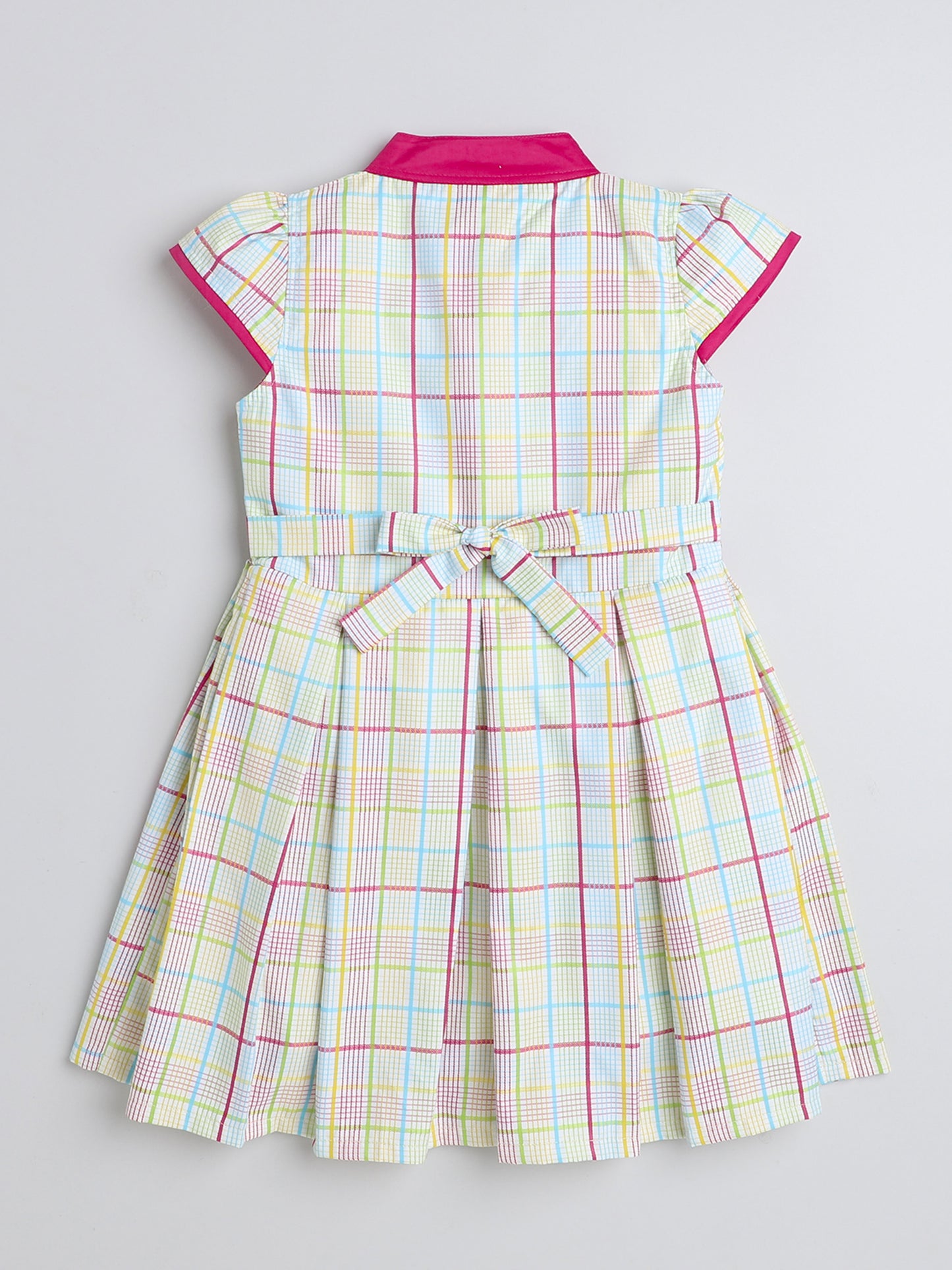 Cap Sleeves Checks Printed Dress For Girls With Contrast Bow-Yellow