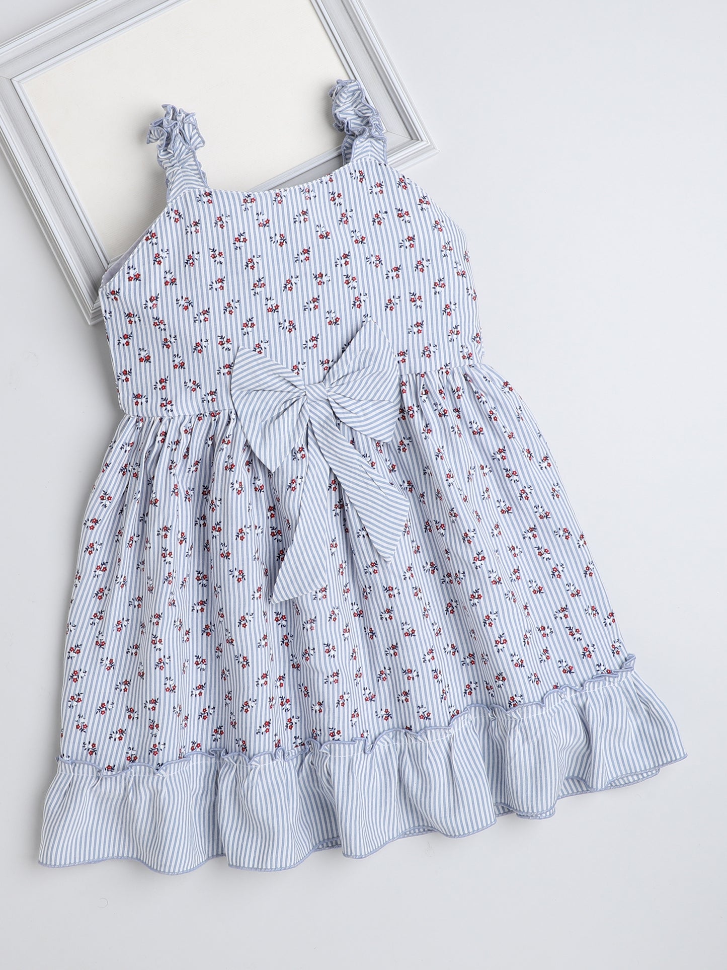 Shoulders Straps Stripes and Floral Printed Dress For Girls With Bow-Blue