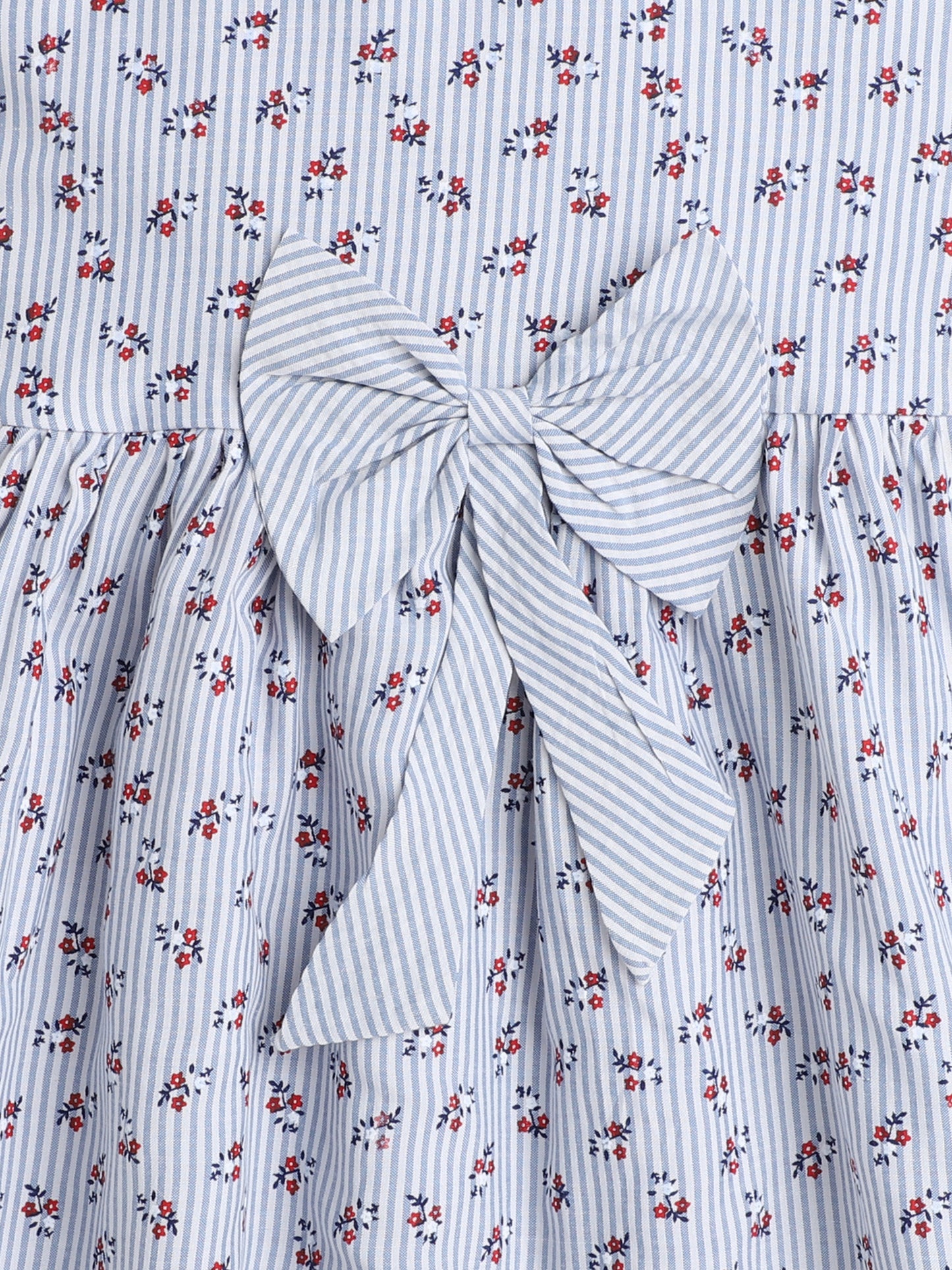 Shoulders Straps Stripes and Floral Printed Dress For Girls With Bow-Blue