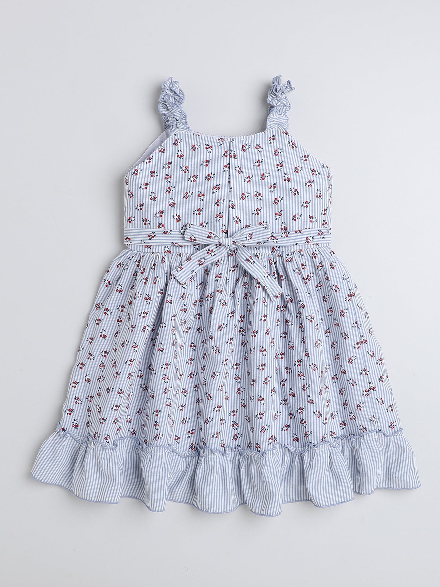 Shoulders Straps Stripes and Floral Printed Dress For Girls With Bow-Blue