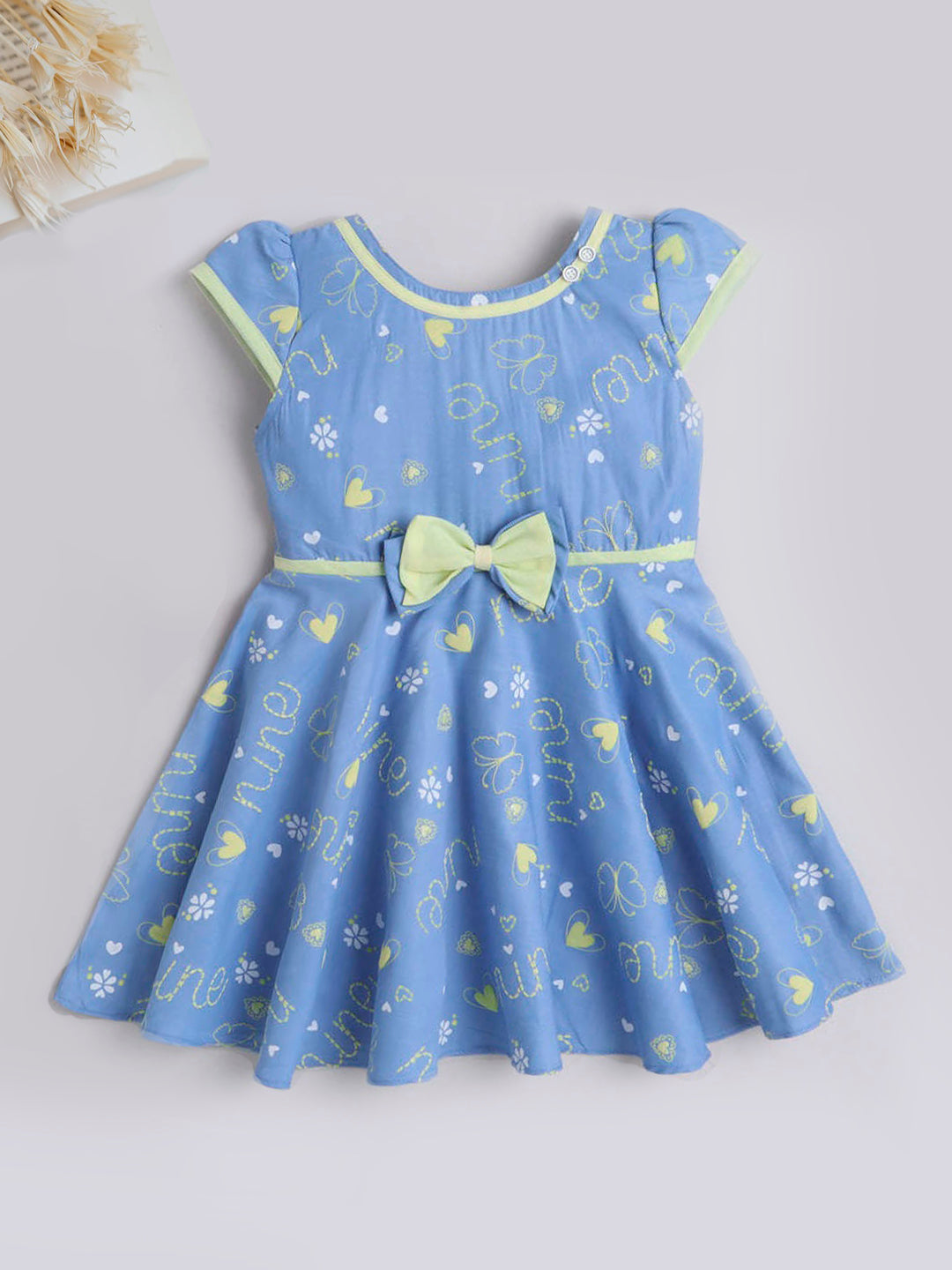 The Magic Wand Floral Printed Cap Sleeves Dress For Girls With Contrast Bow Blue
