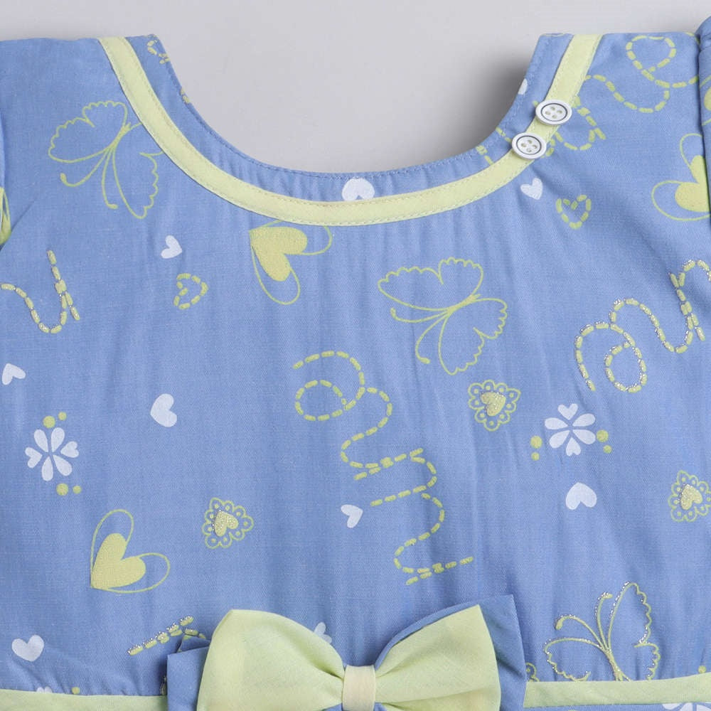 The Magic Wand Floral Printed Cap Sleeves Dress For Girls With Contrast Bow Blue