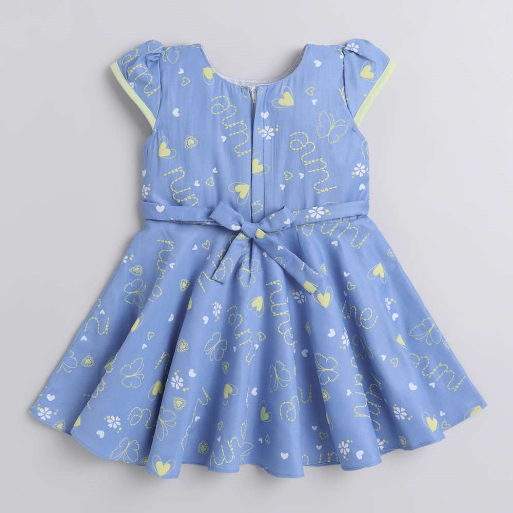 The Magic Wand Floral Printed Cap Sleeves Dress For Girls With Contrast Bow Blue