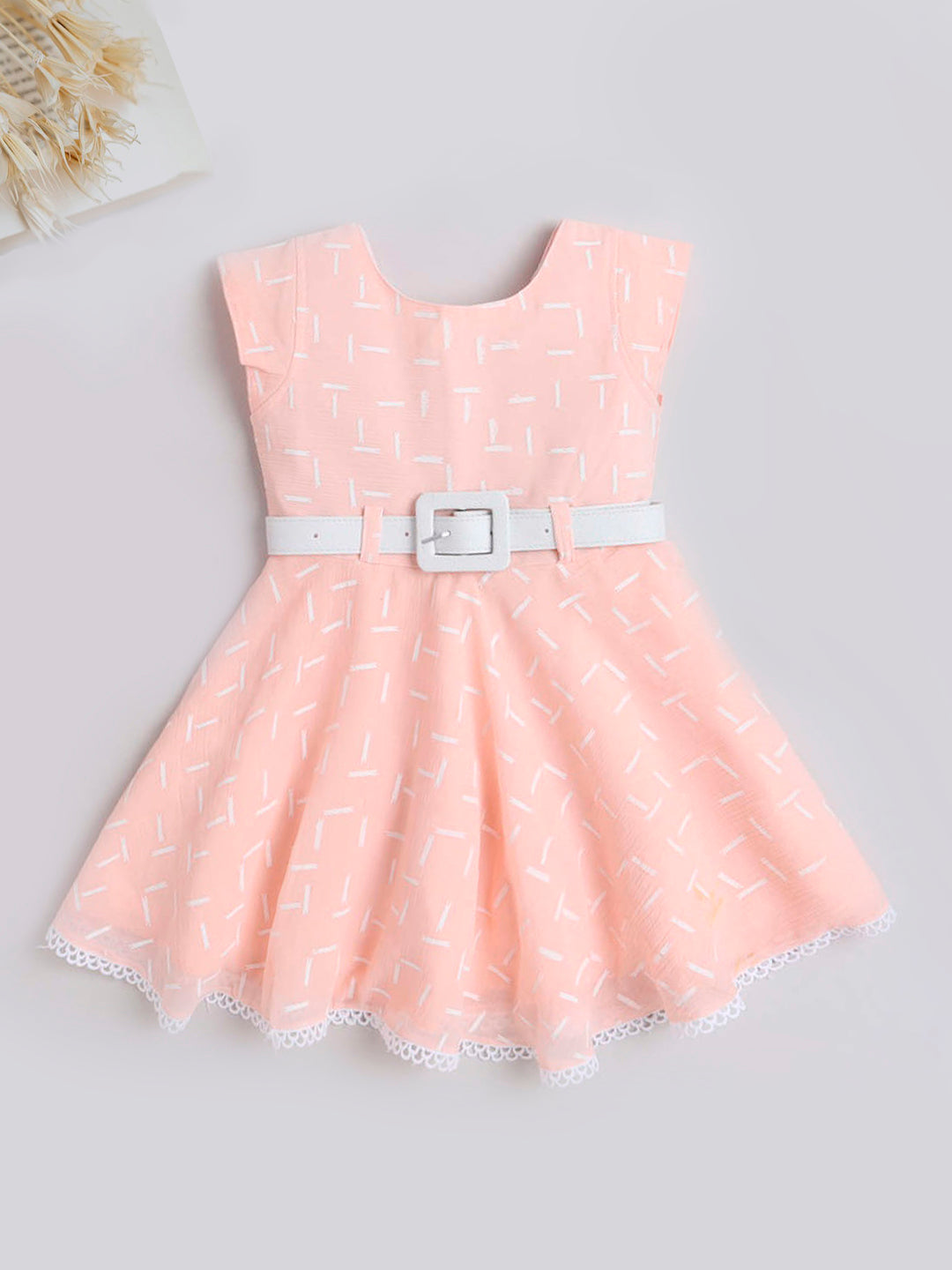Printed Lace Embelished Cap Sleeves Dress With Belt For Girls-Peach