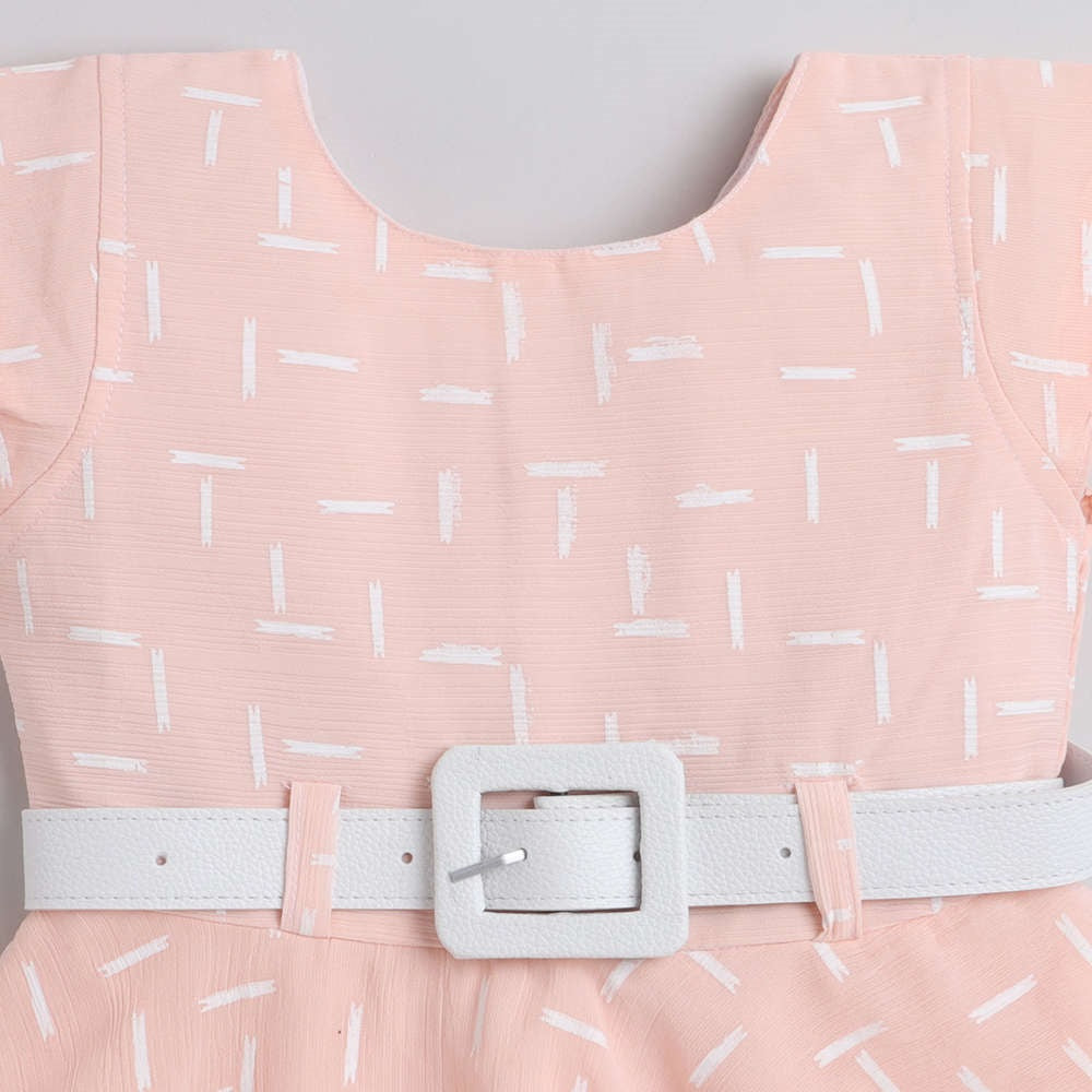 Printed Lace Embelished Cap Sleeves Dress With Belt For Girls-Peach