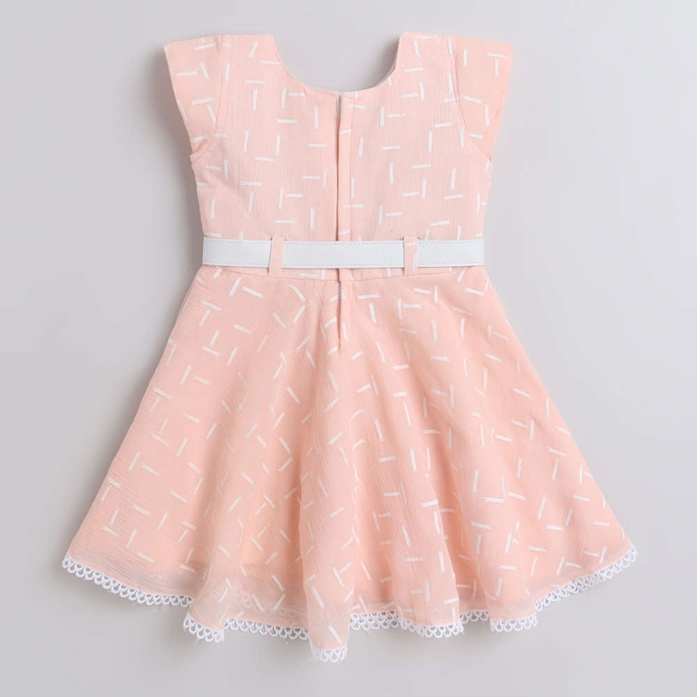 Printed Lace Embelished Cap Sleeves Dress With Belt For Girls-Peach