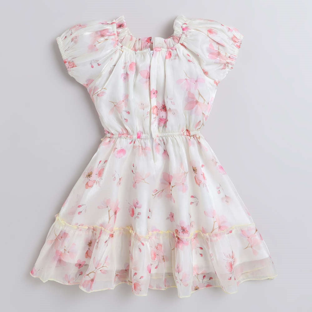 The Magic Wand Floral Printed Short Sleeves Dress For Girls With Contrast Bow Off White