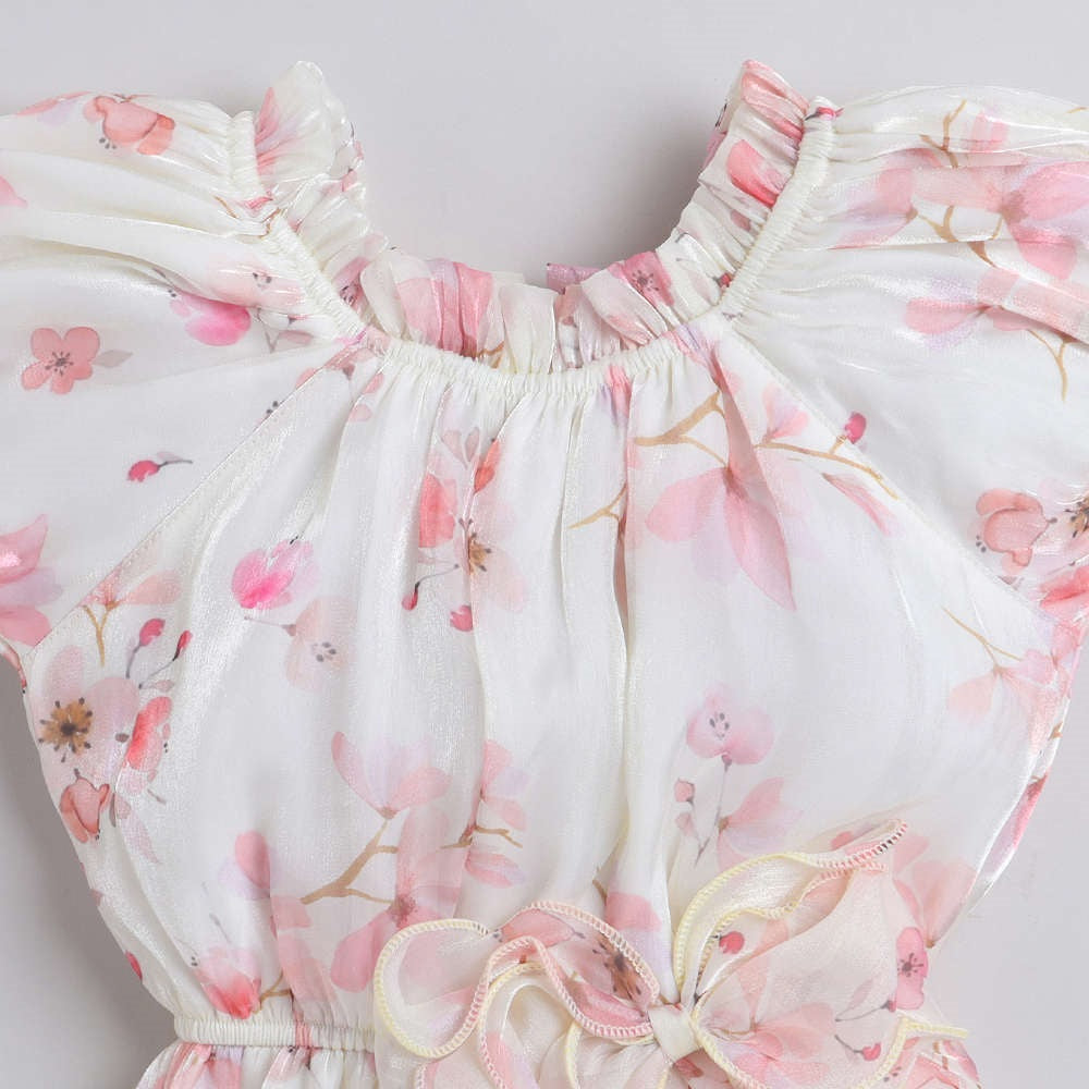 The Magic Wand Floral Printed Short Sleeves Dress For Girls With Contrast Bow Off White