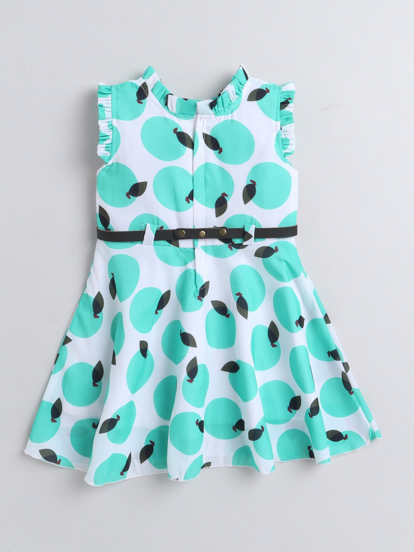 Fruit Printed Cap Sleeves Dress For Girls With Belt-Blue
