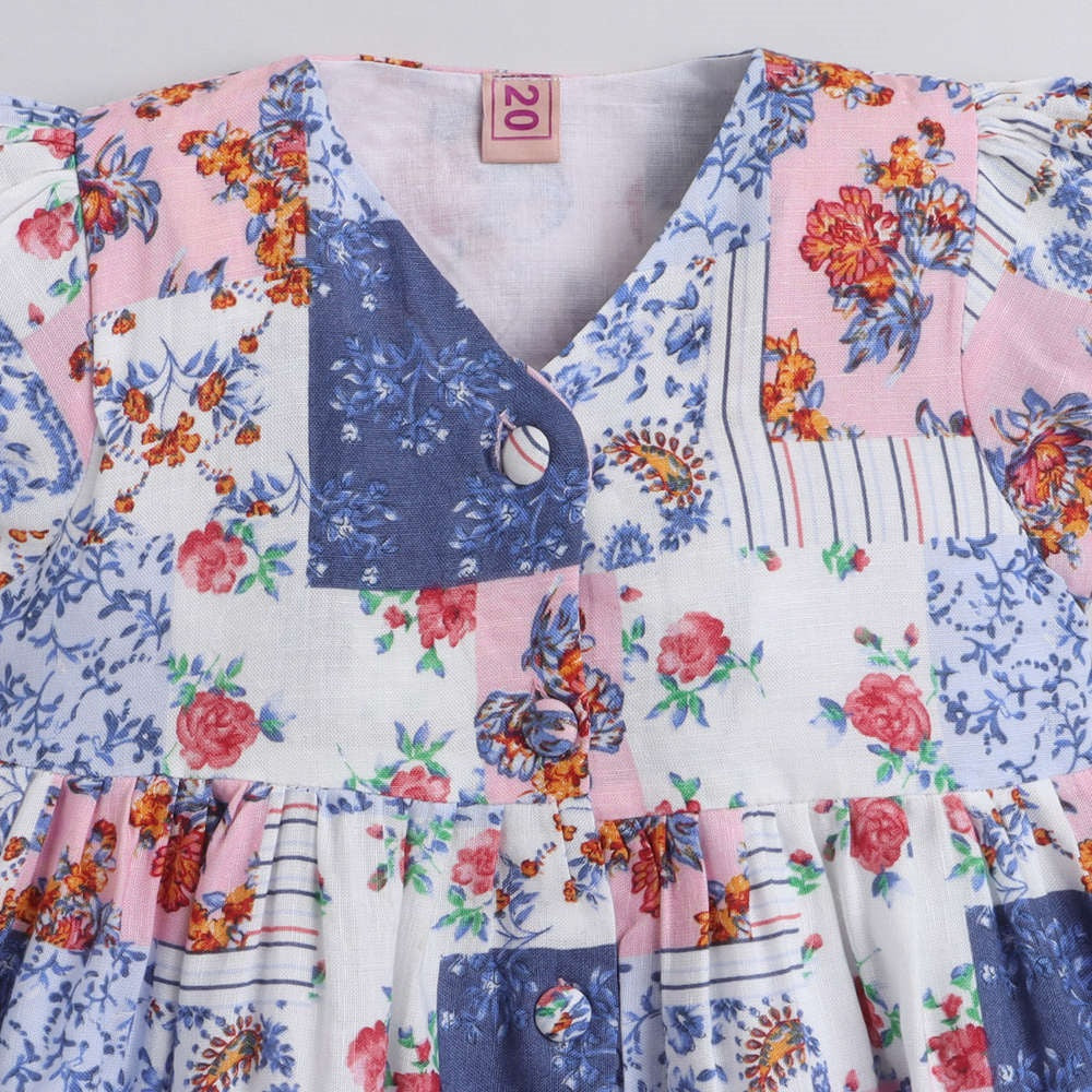 Floral Printed Short Sleeves Dress For Girls-Blue