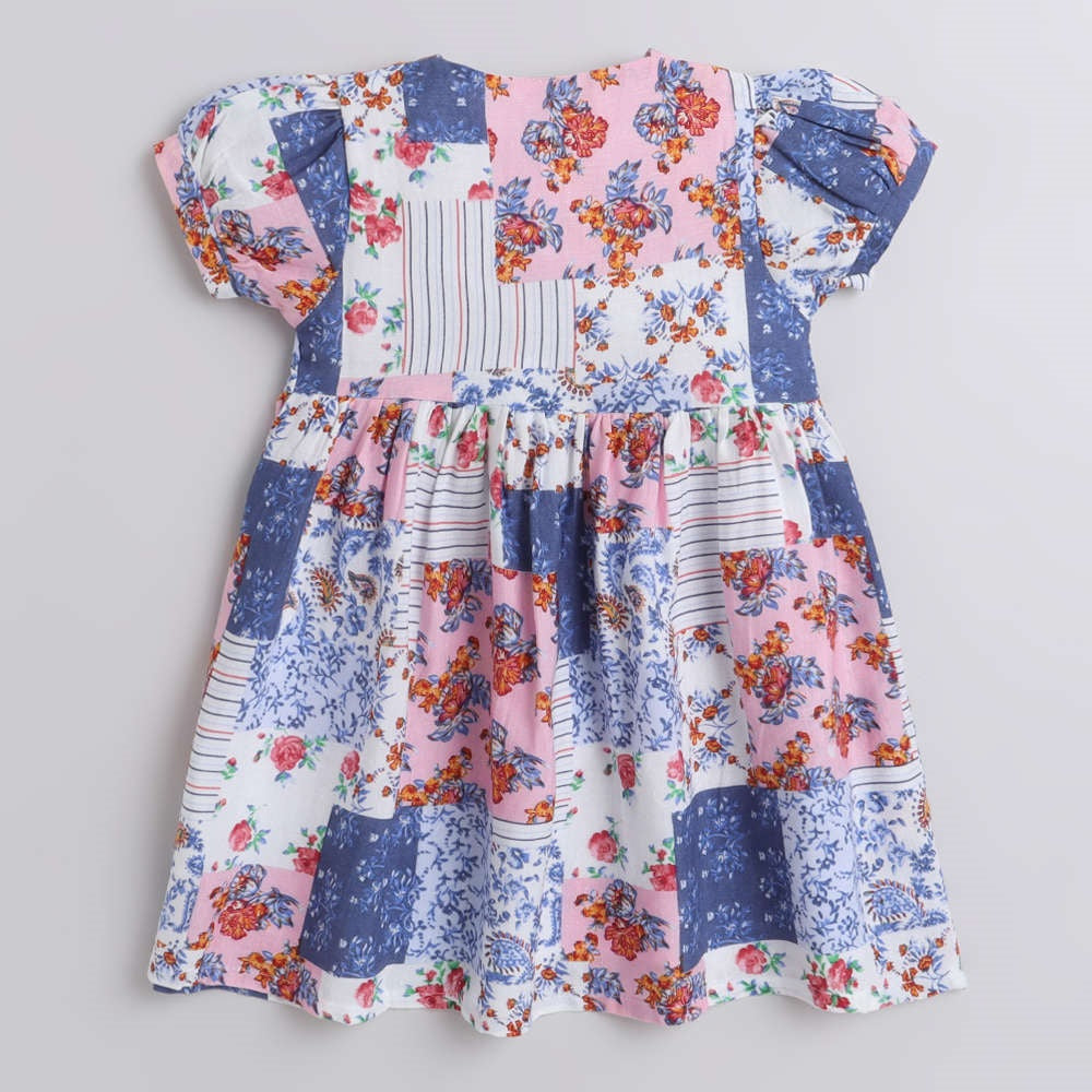 Floral Printed Short Sleeves Dress For Girls-Blue