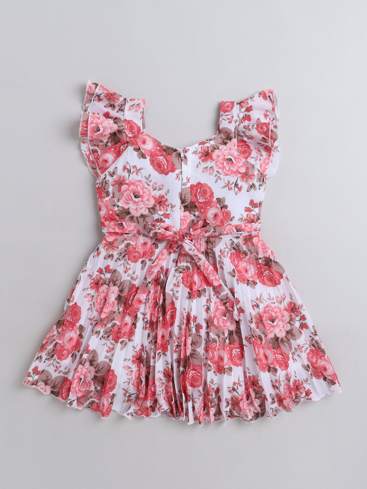 Floral Printed Short Sleeves Dress For Girls With Bow-Off White, Red
