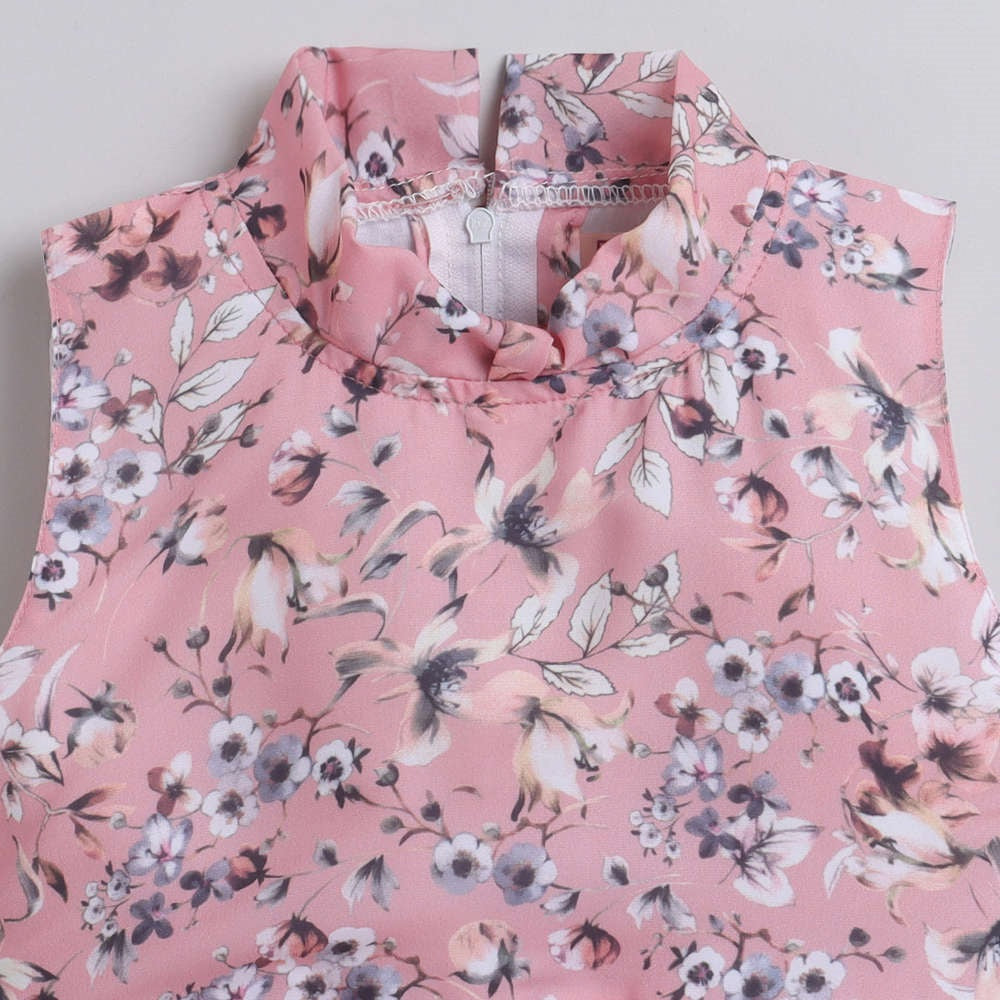 Floral Printed Sleeveless Dress For Girls With Bow - Peach