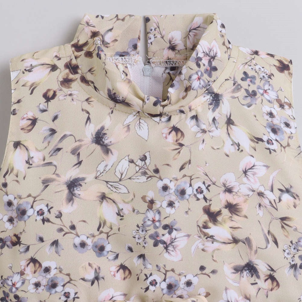 Floral Printed Sleevless Dress For Girls With Bow-Beige