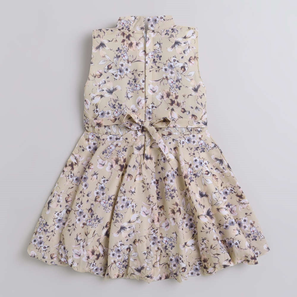 Floral Printed Sleevless Dress For Girls With Bow-Beige