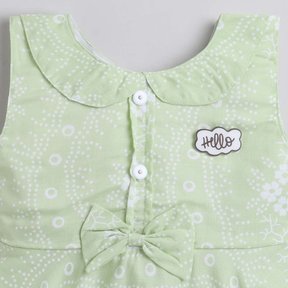 Floral Printed Sleeveless Dress For Girls With Bow & Applique-Green