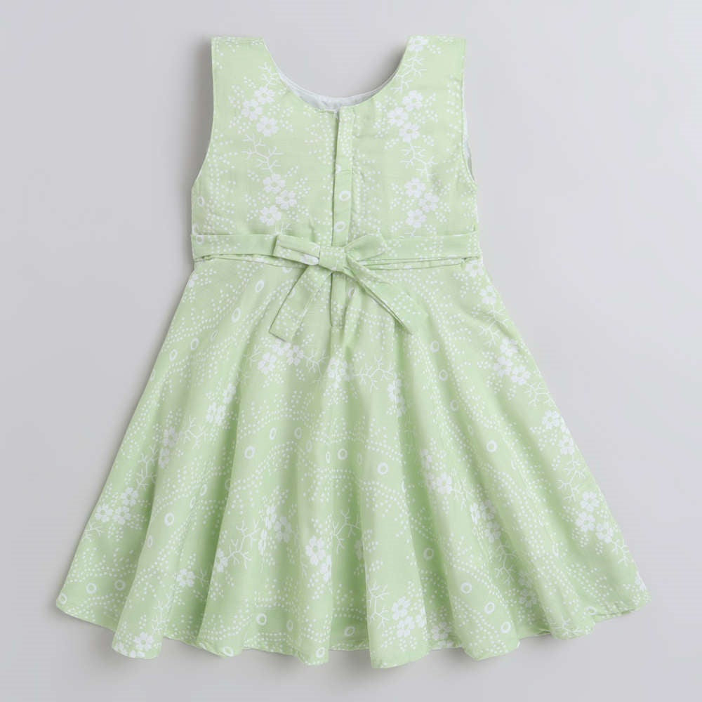 Floral Printed Sleeveless Dress For Girls With Bow & Applique-Green
