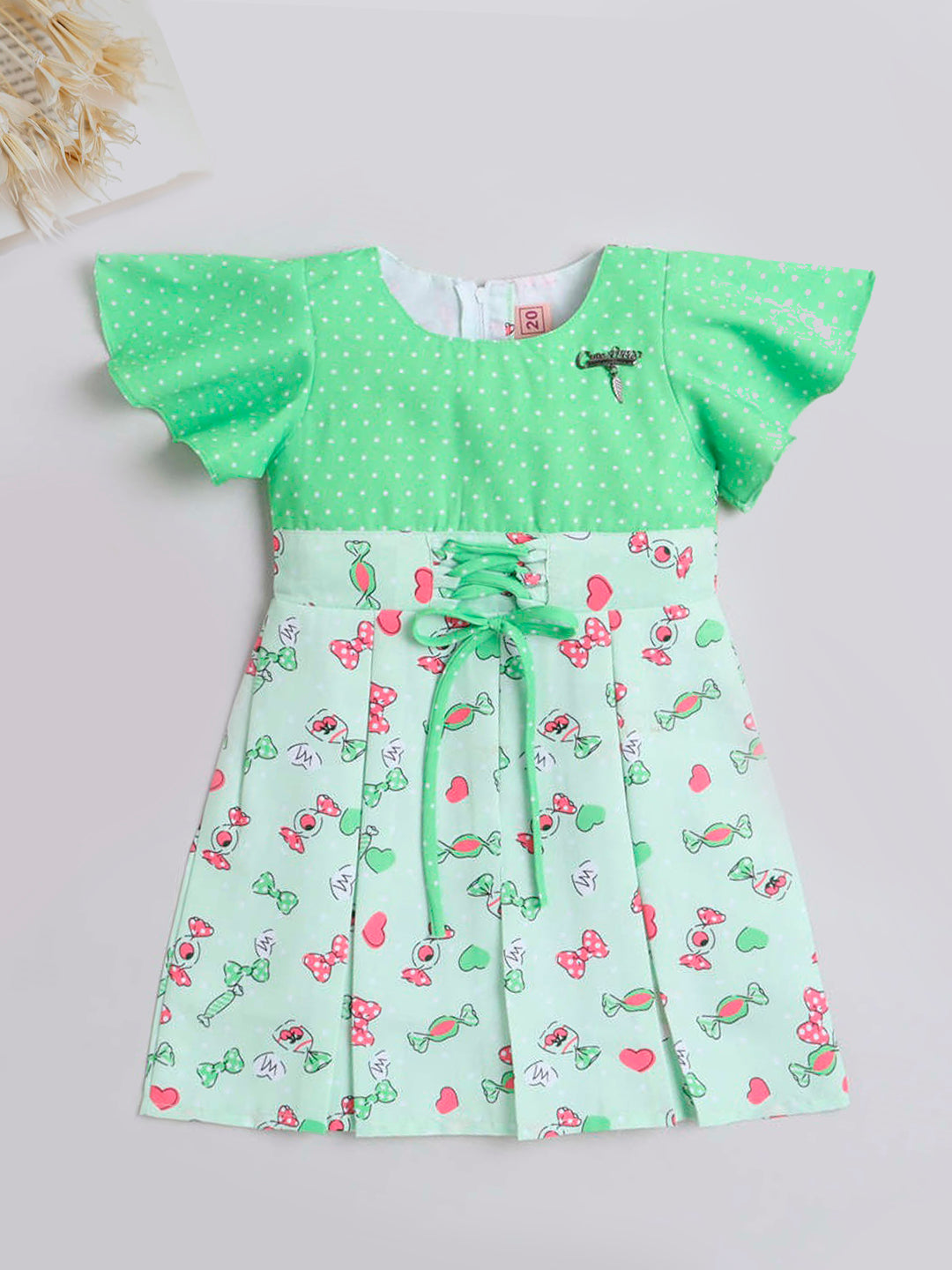 Polka Dots & Bow Printed Short Sleeves Lace Embellishment Dress For Girls -Green