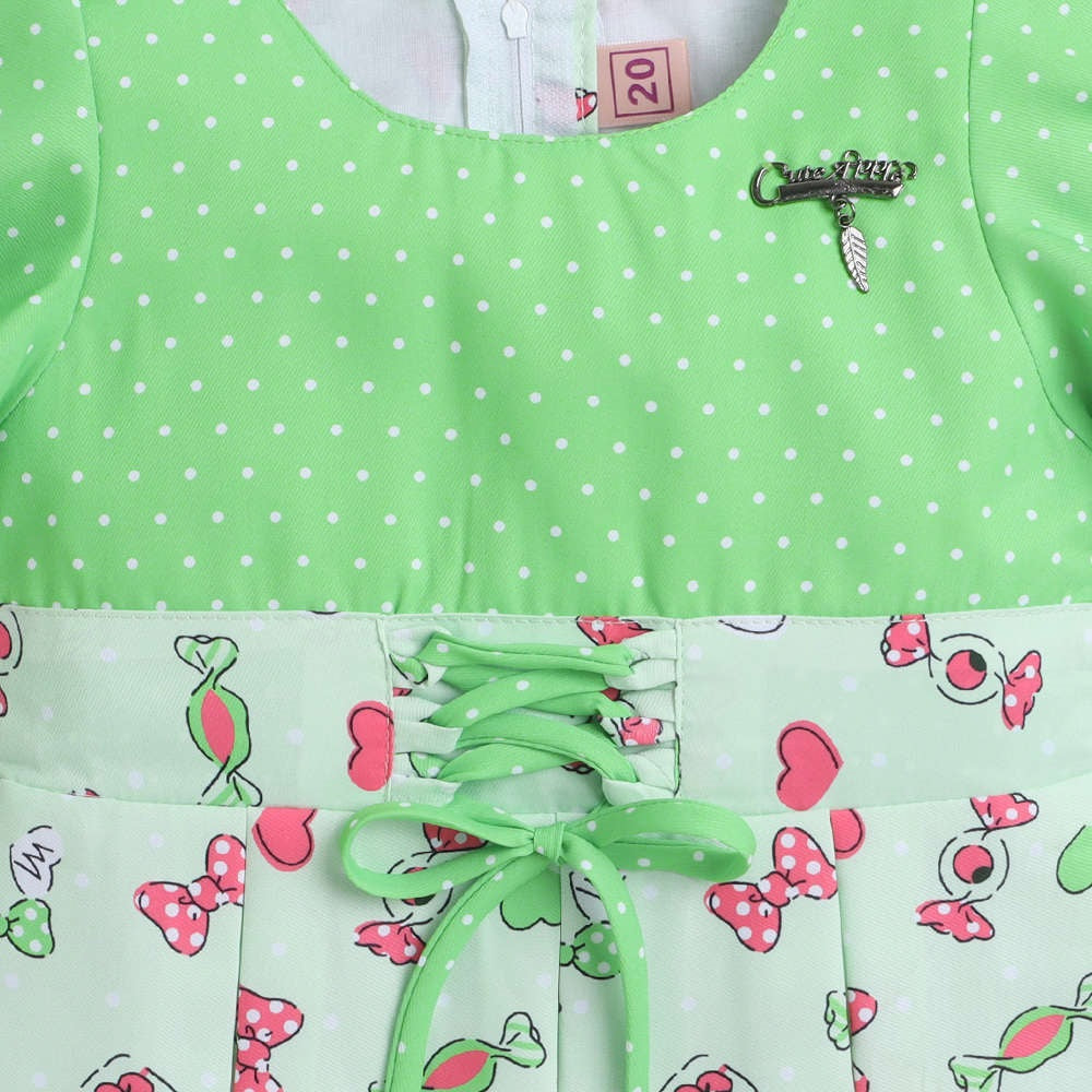 Polka Dots & Bow Printed Short Sleeves Lace Embellishment Dress For Girls -Green
