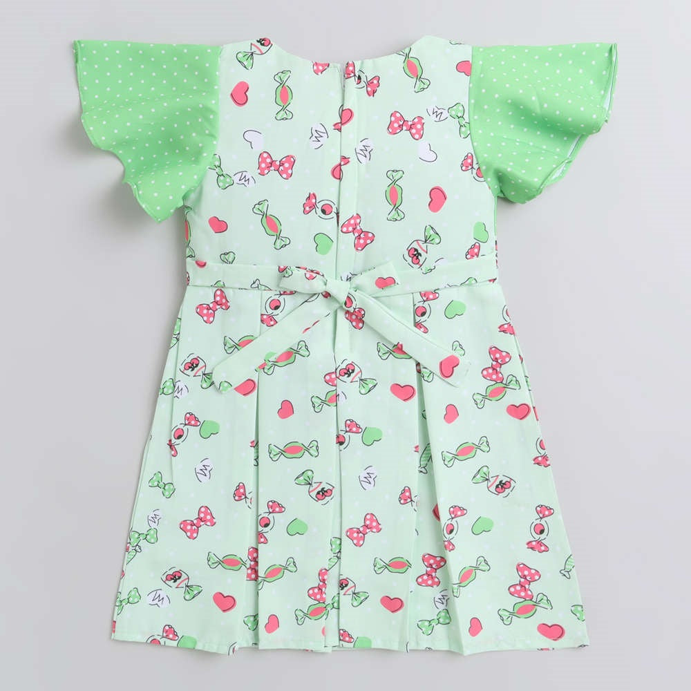 Polka Dots & Bow Printed Short Sleeves Lace Embellishment Dress For Girls -Green