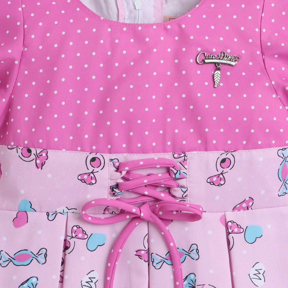 Polka Dots & Bow Printed Short Sleeves Lace Embelishment Dress For Girls -Pink