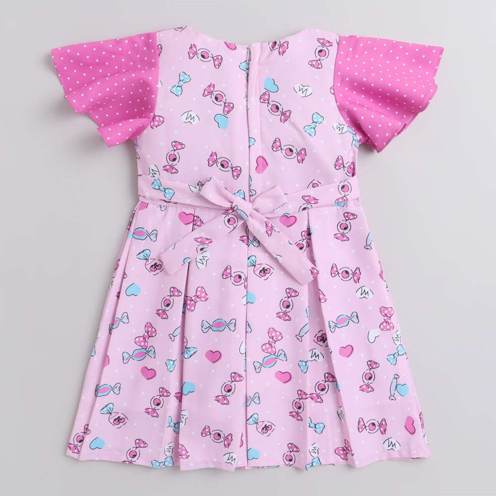 Polka Dots & Bow Printed Short Sleeves Lace Embelishment Dress For Girls -Pink