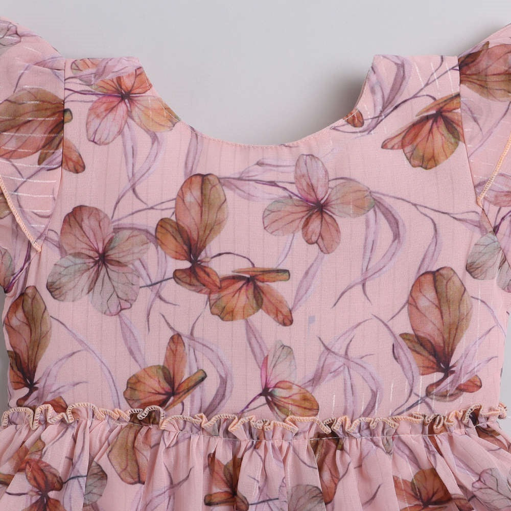 Floral Printed Ruffel Sleeves Tiered Dress For Girls-Peach