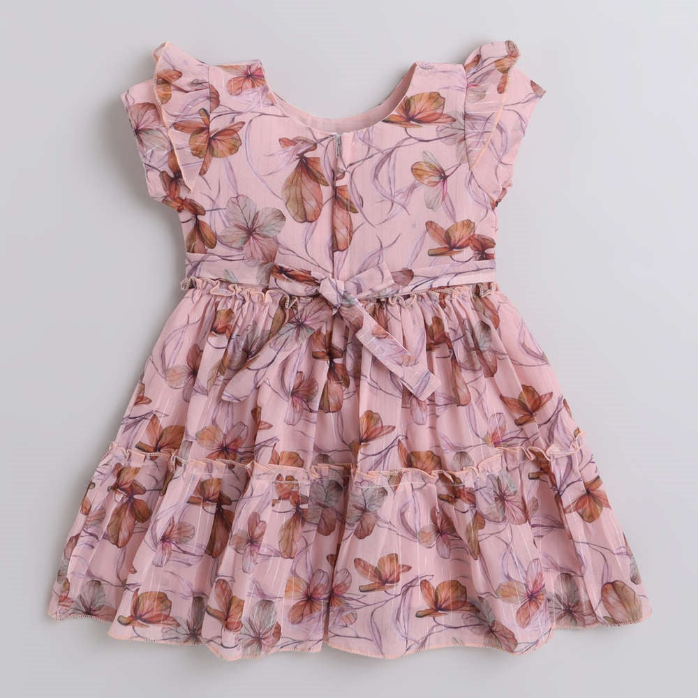 Floral Printed Ruffel Sleeves Tiered Dress For Girls-Peach