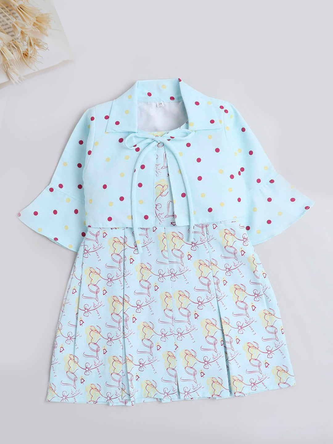 Bow Printed Dress For Girls With Polka Dot Printed 3/4th Sleeves Furr Shrug-Blue